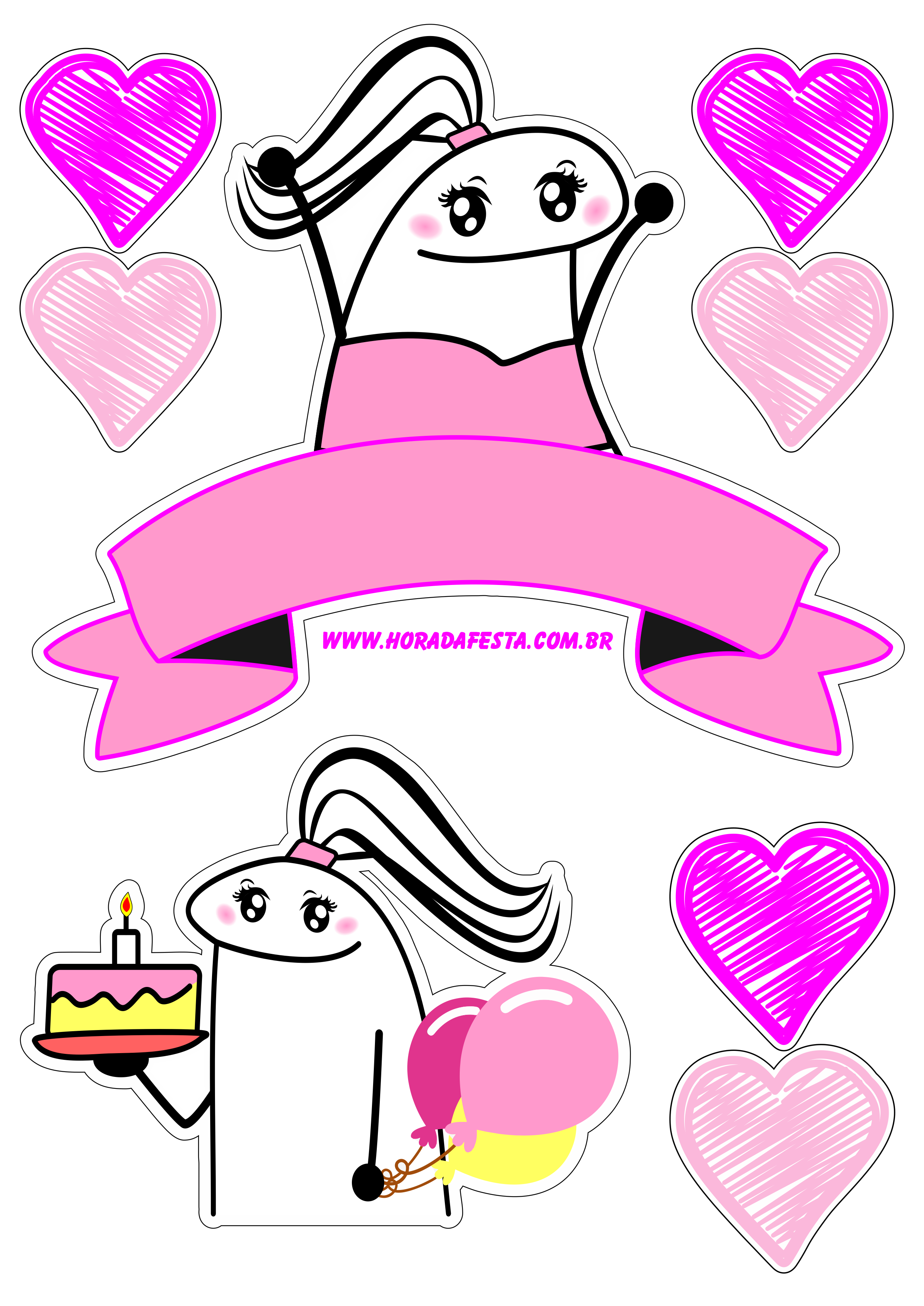 Topo de bolo figurinhas engraçadas rosa com corações png