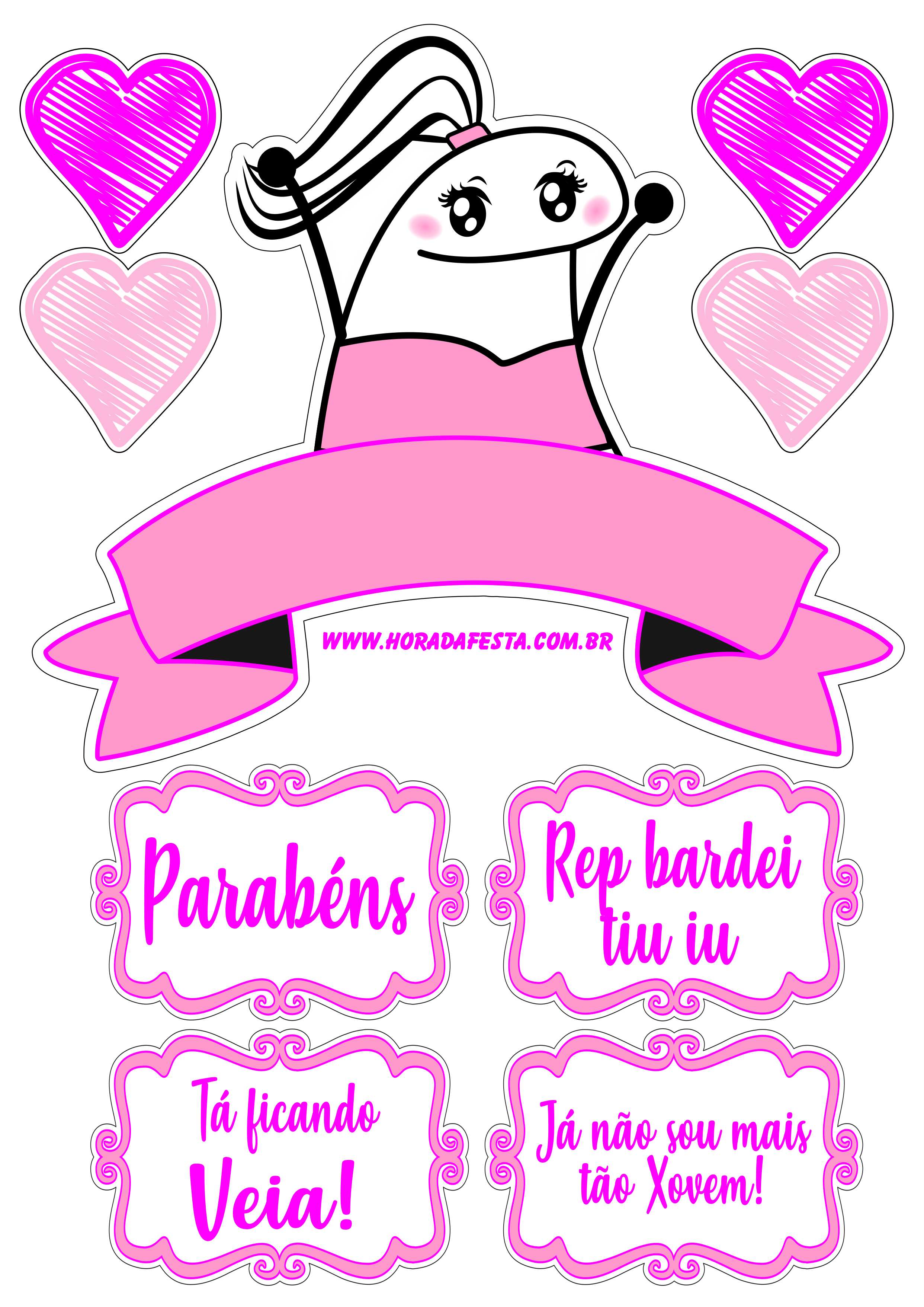 Topo de bolo figurinhas engraçadas rosa com frases e corações png