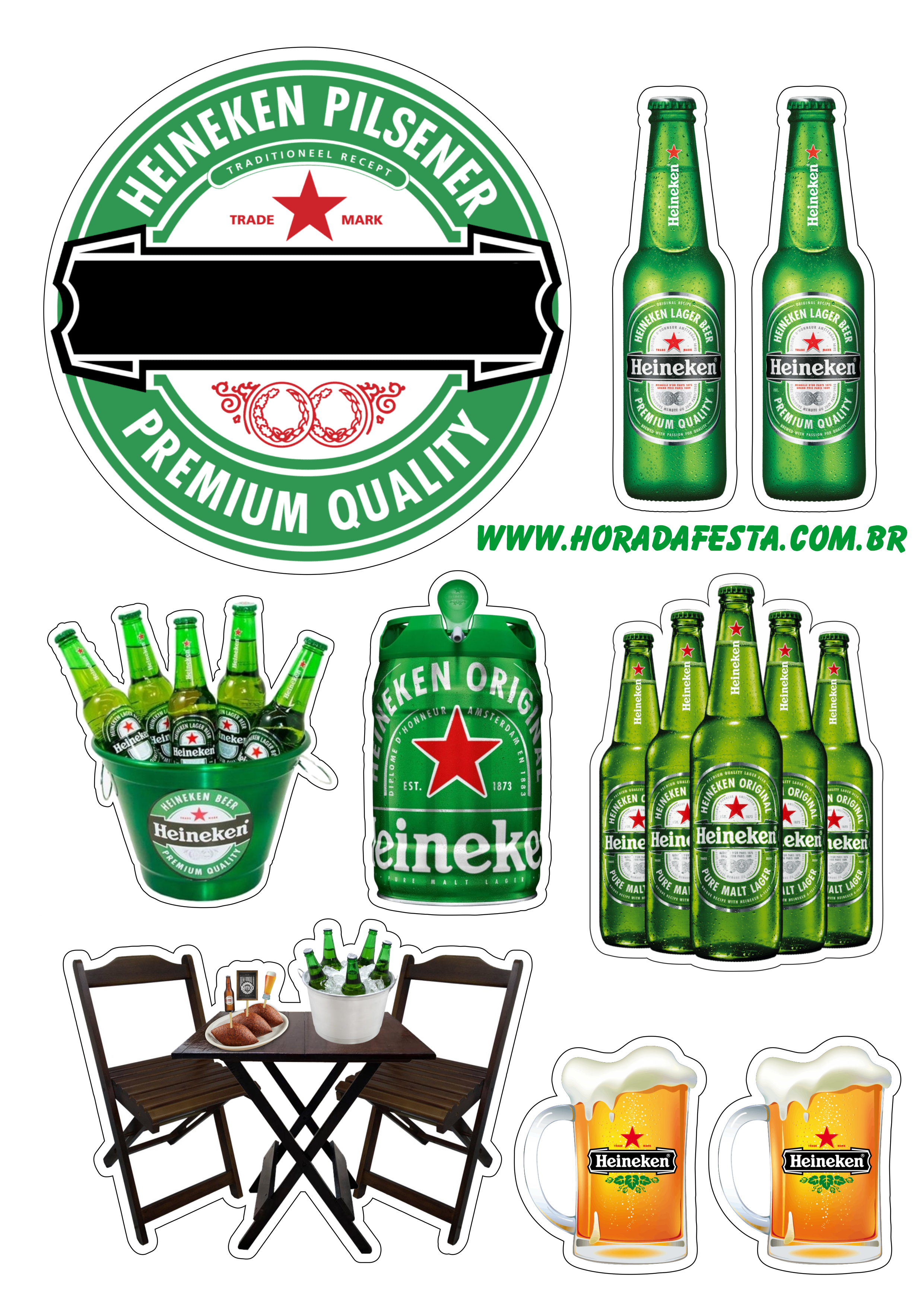 Topo de bolo cerveja Heineken Pilsener pronto para imprimir e decorar png