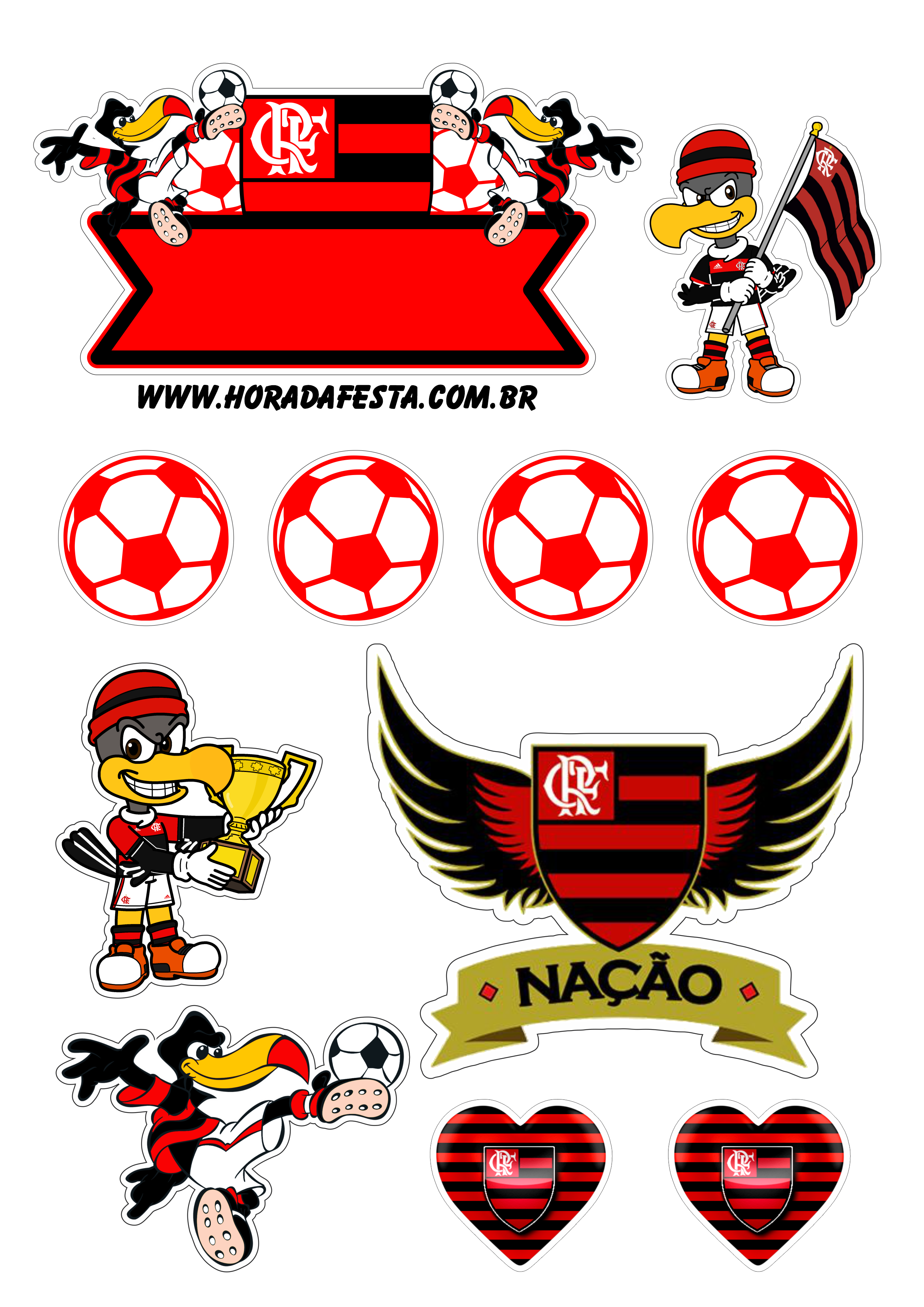 Pack de imagens Flamengo aniversário topo de bolo artigos de papelaria grátis para imprimir png