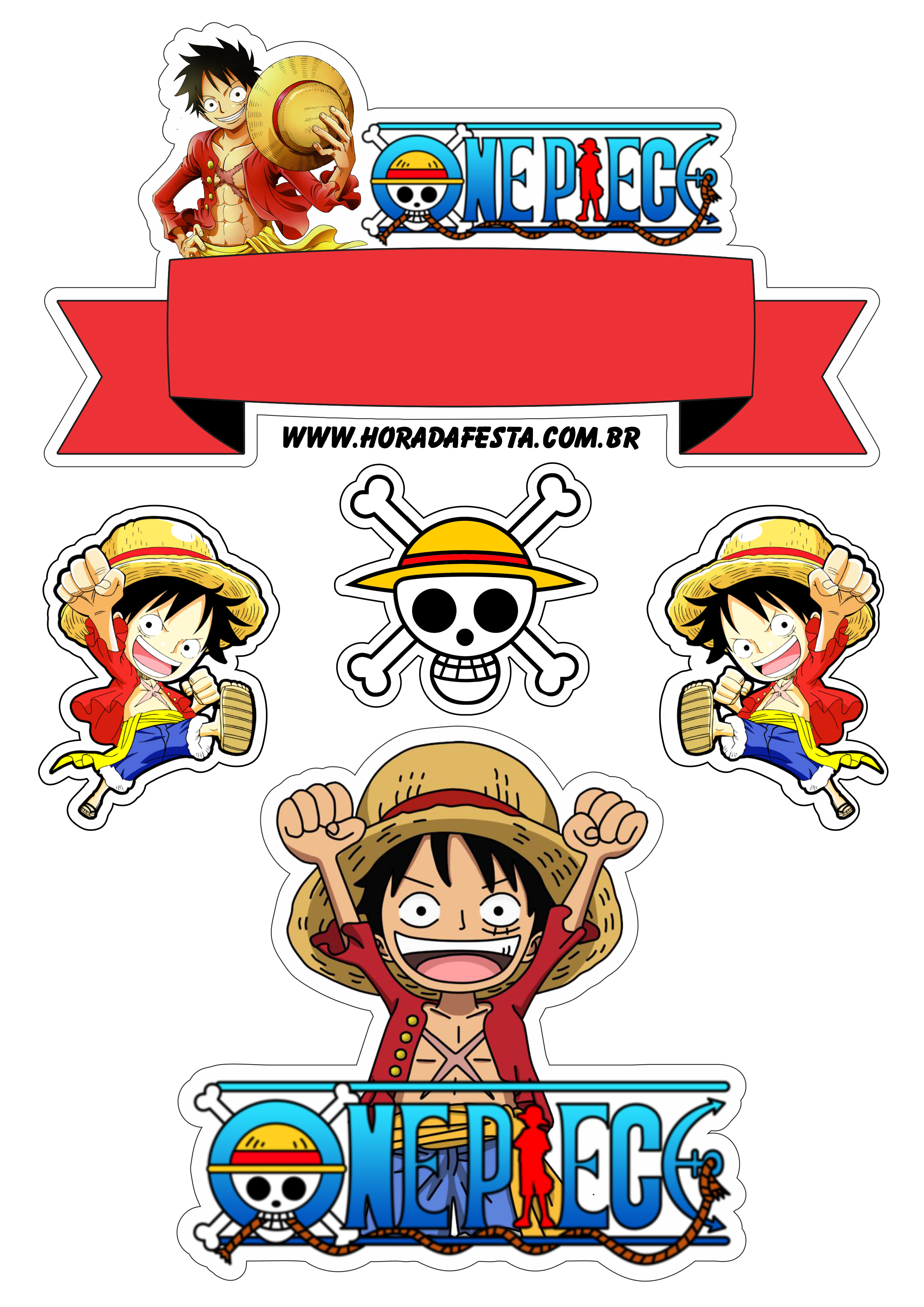 One Piece Luffy festa de aniversário topo de bolo design grátis artigos de papelaria png