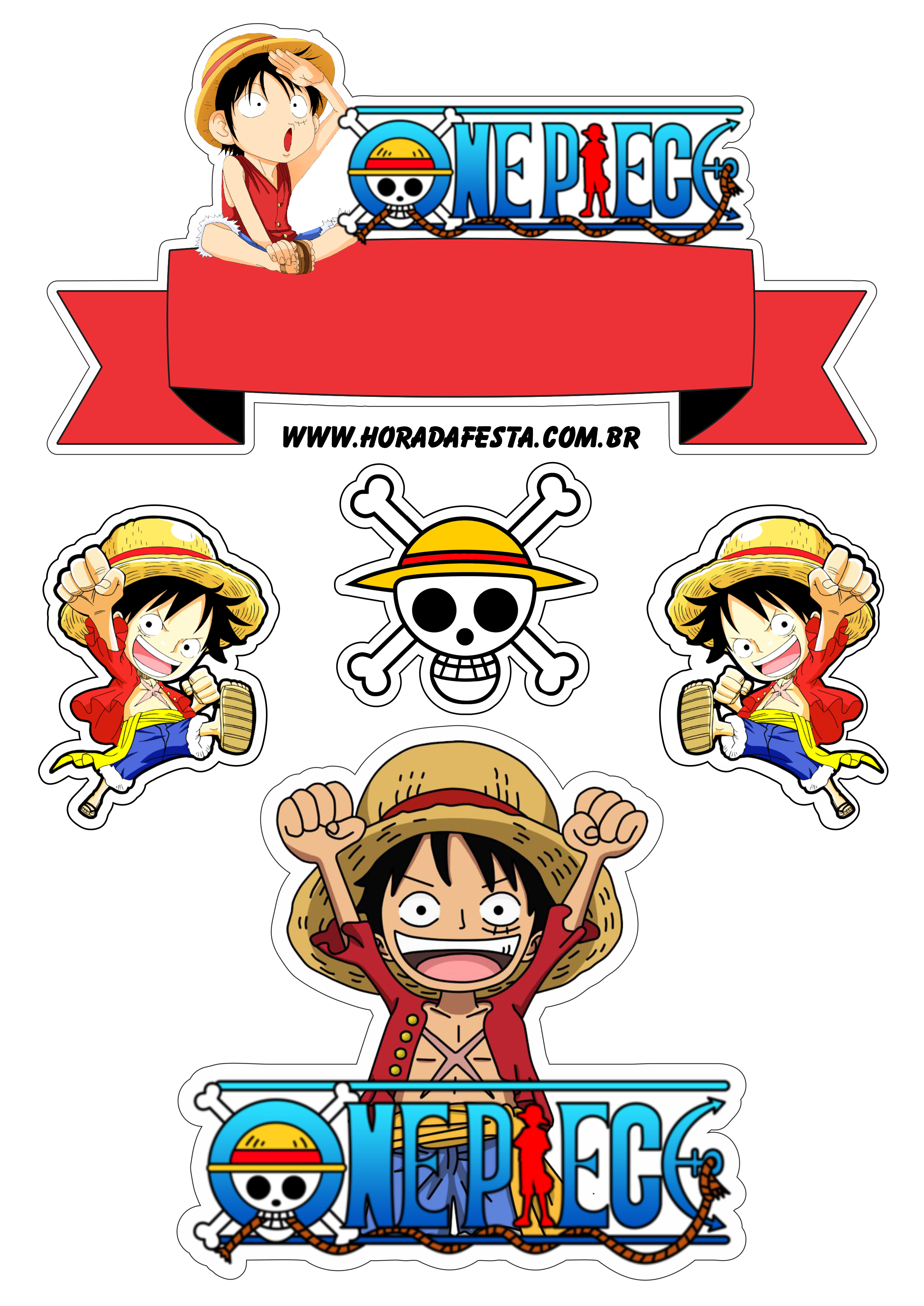 Topo de bolo anime One Piece Luffy festa de aniversário artigos de papelaria pronto para imprimir png