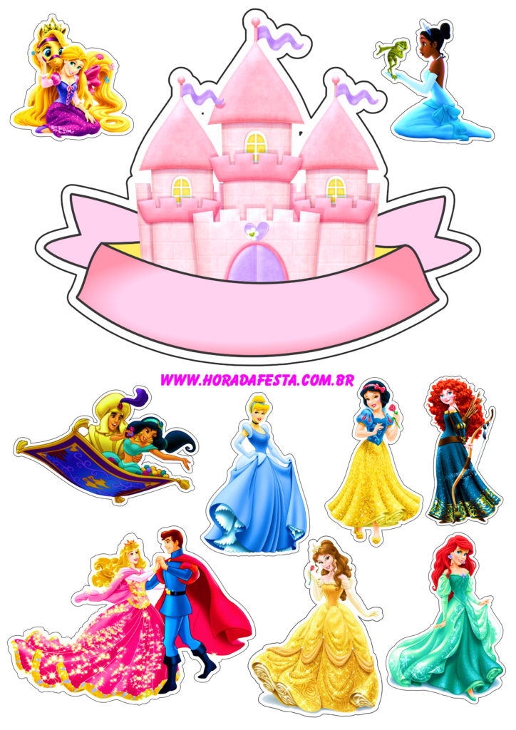 Topo de bolo princesas disney pronto para imprimir png