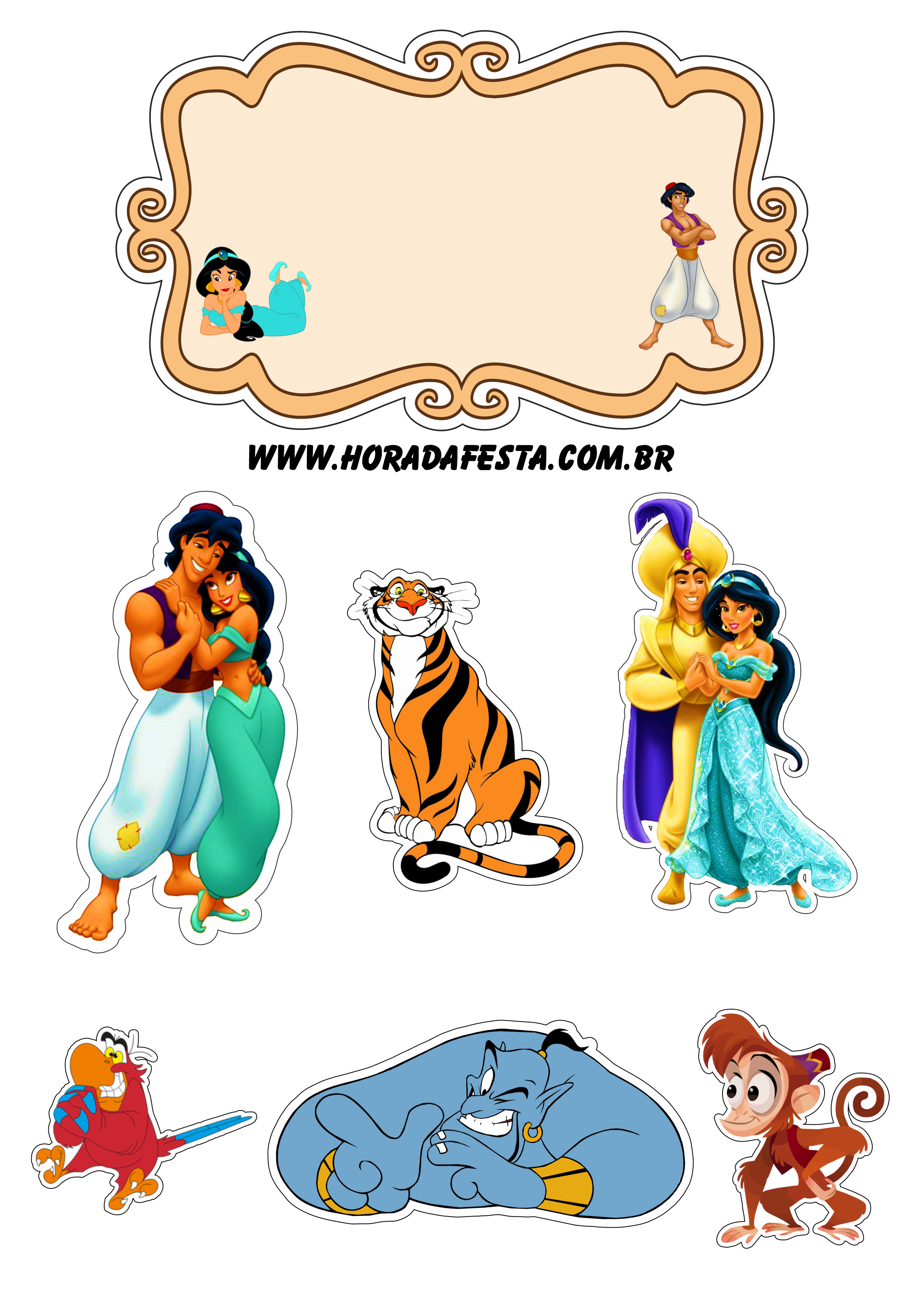 Aladdin e princesas Jasmine topo de bolo gênio iago abu rajah png