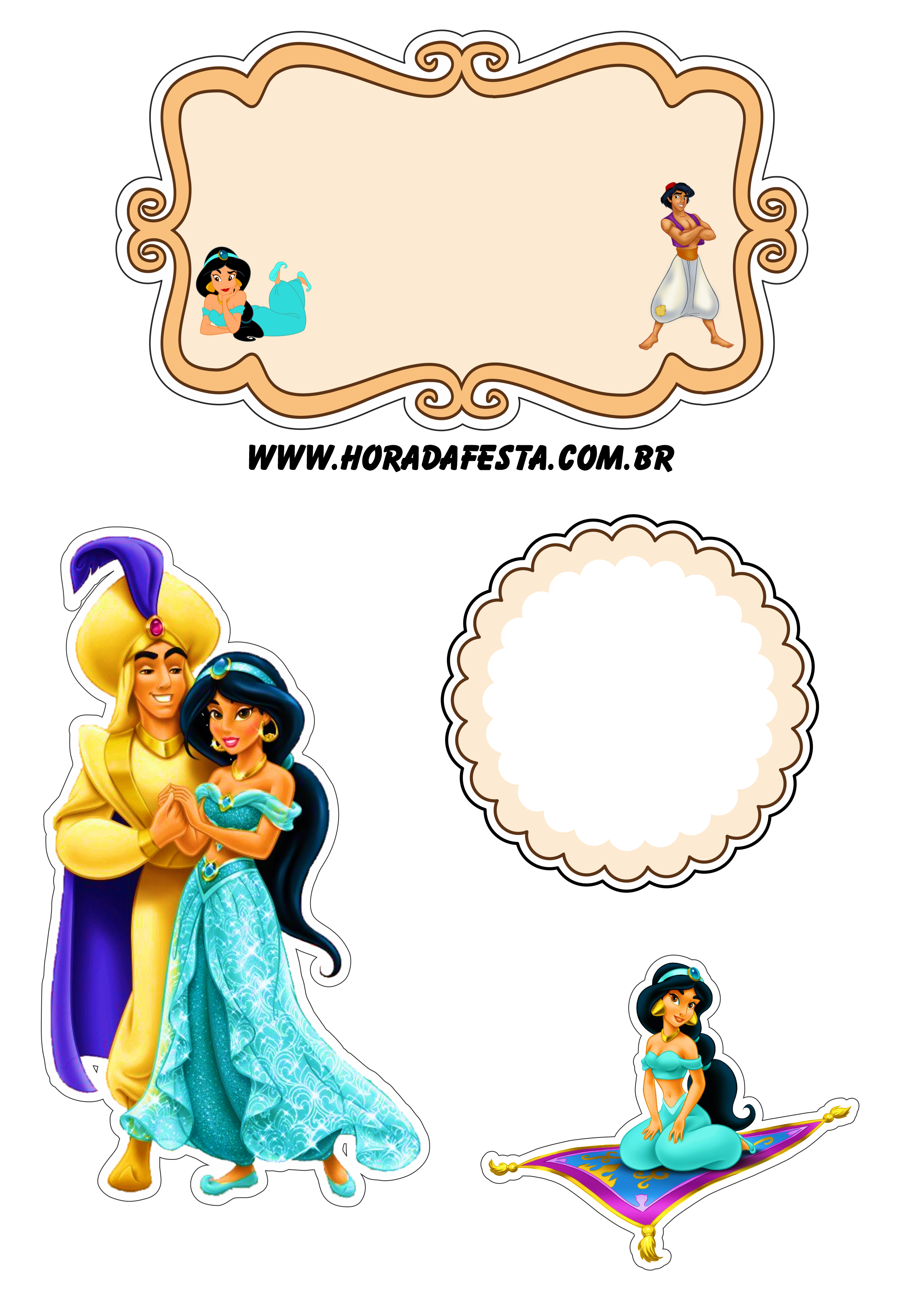 Aladdin e princesas Jasmine topo de bolo de aniversário png