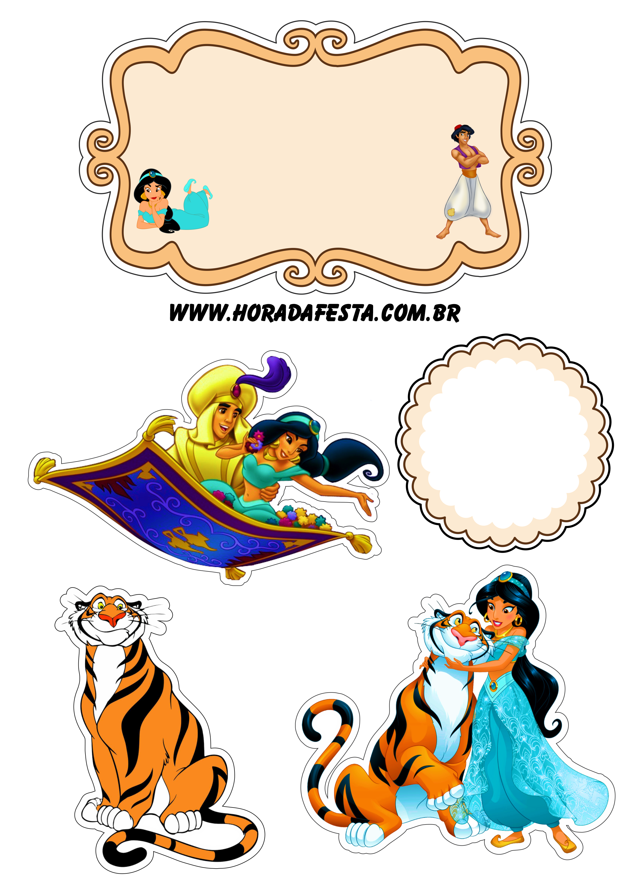 Aladdin e princesas Jasmine topo de bolo de aniversário artes grátis para imprimir png