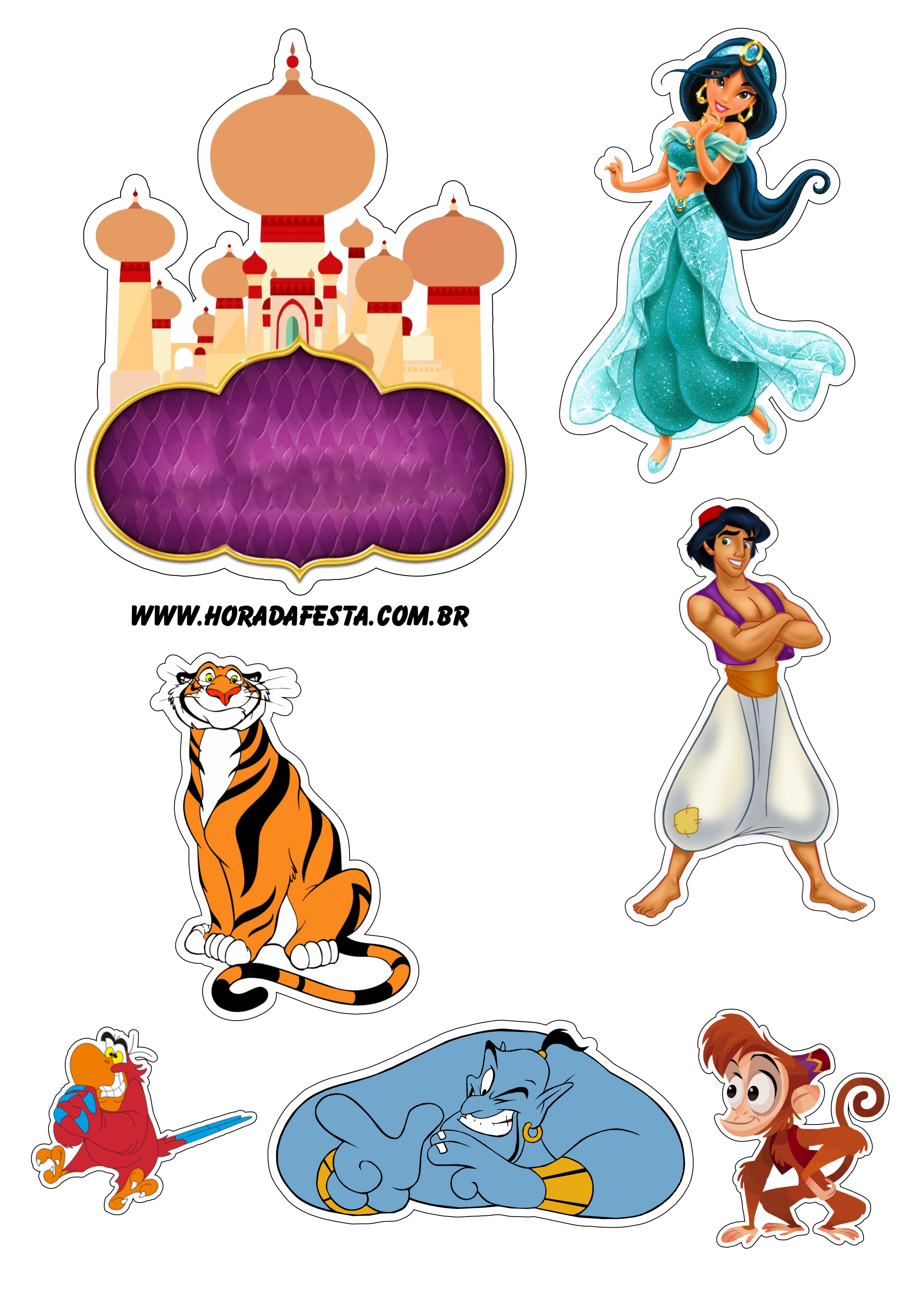 Topo de bolo de aniversário Aladdin e princesa Jasmine artes grátis para imprimir png