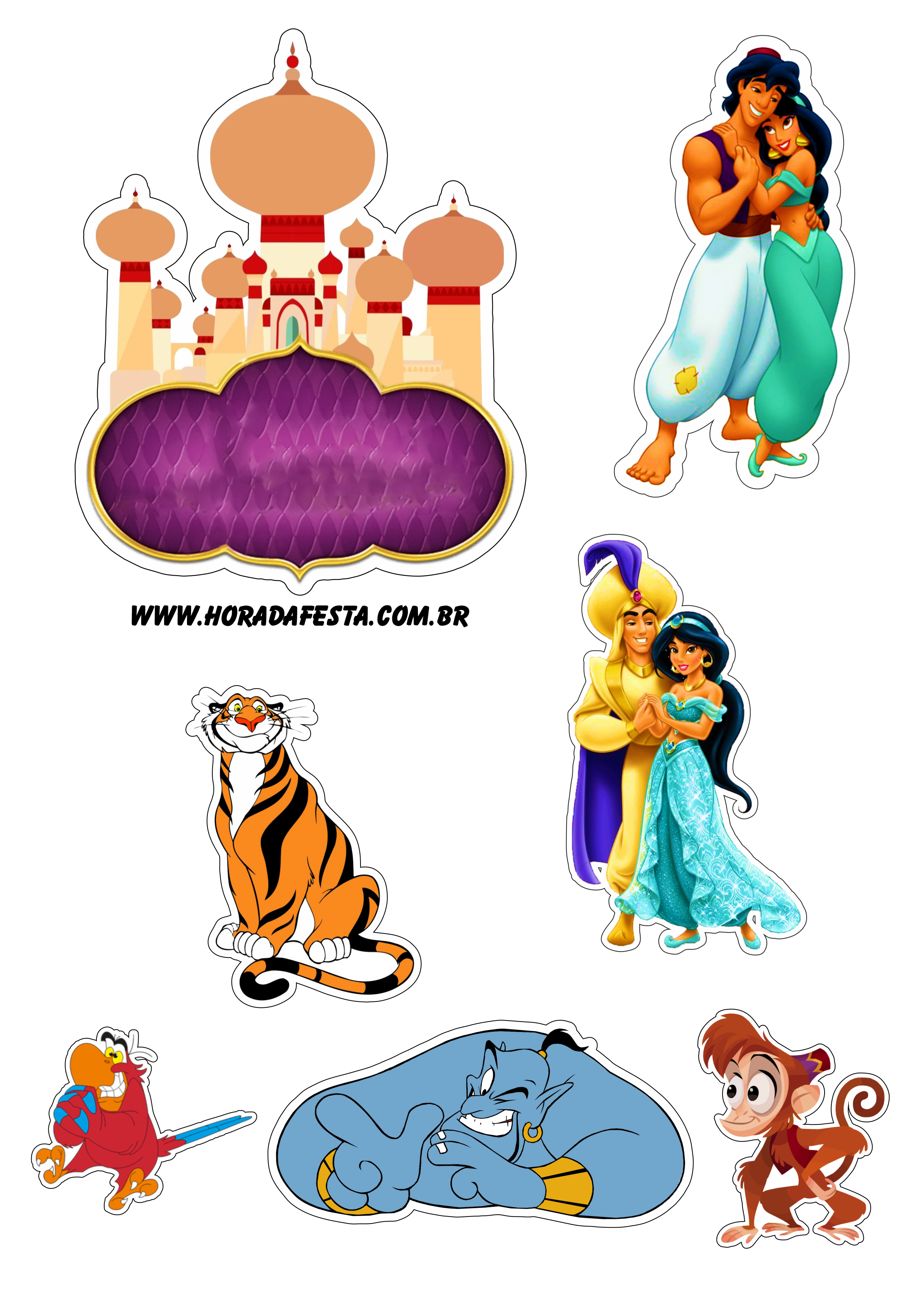 Topo de bolo de aniversário Aladdin e princesa Jasmine design grátis png