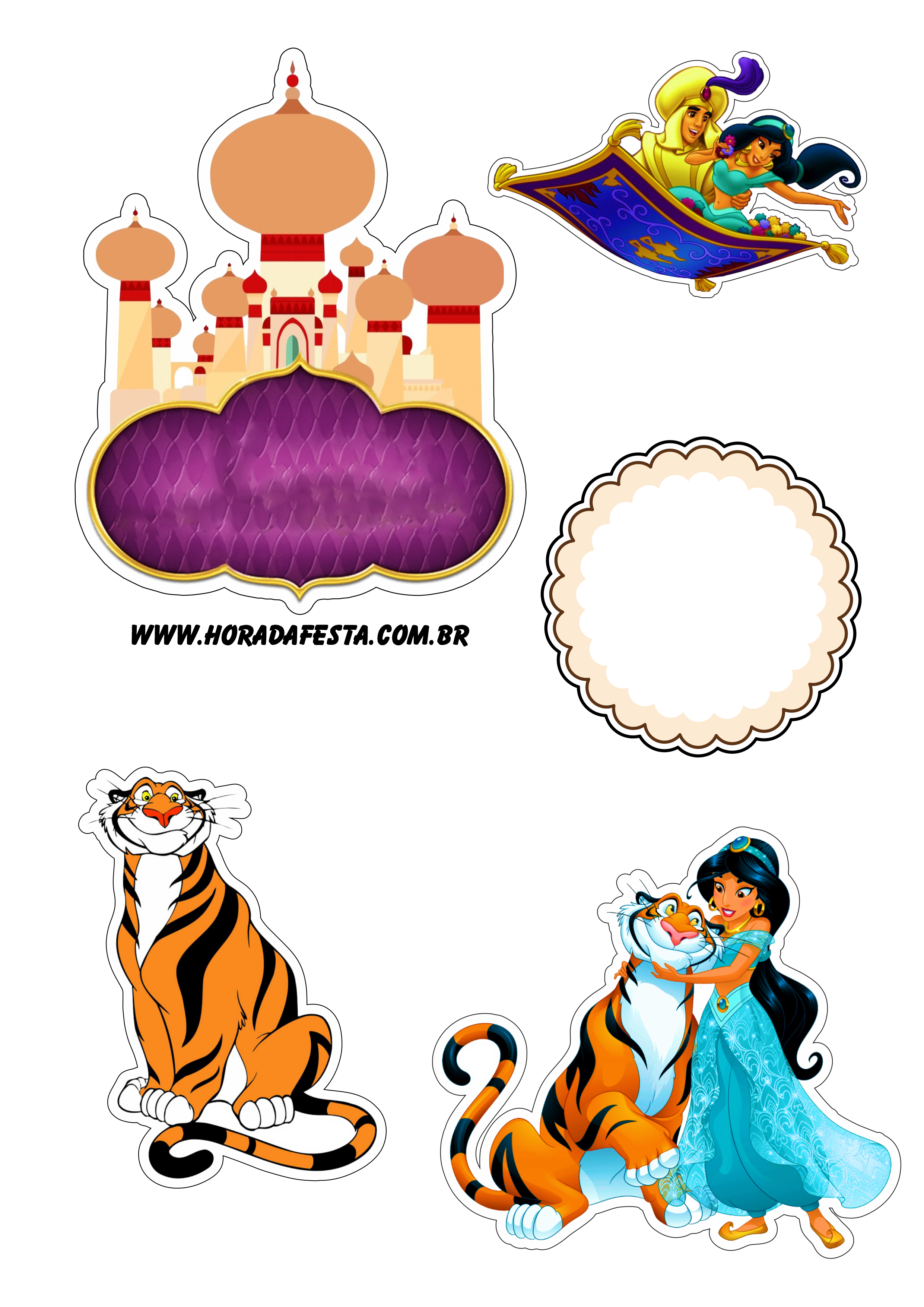 Topo de bolo de aniversário Aladdin e princesa Jasmine papelaria criativa png