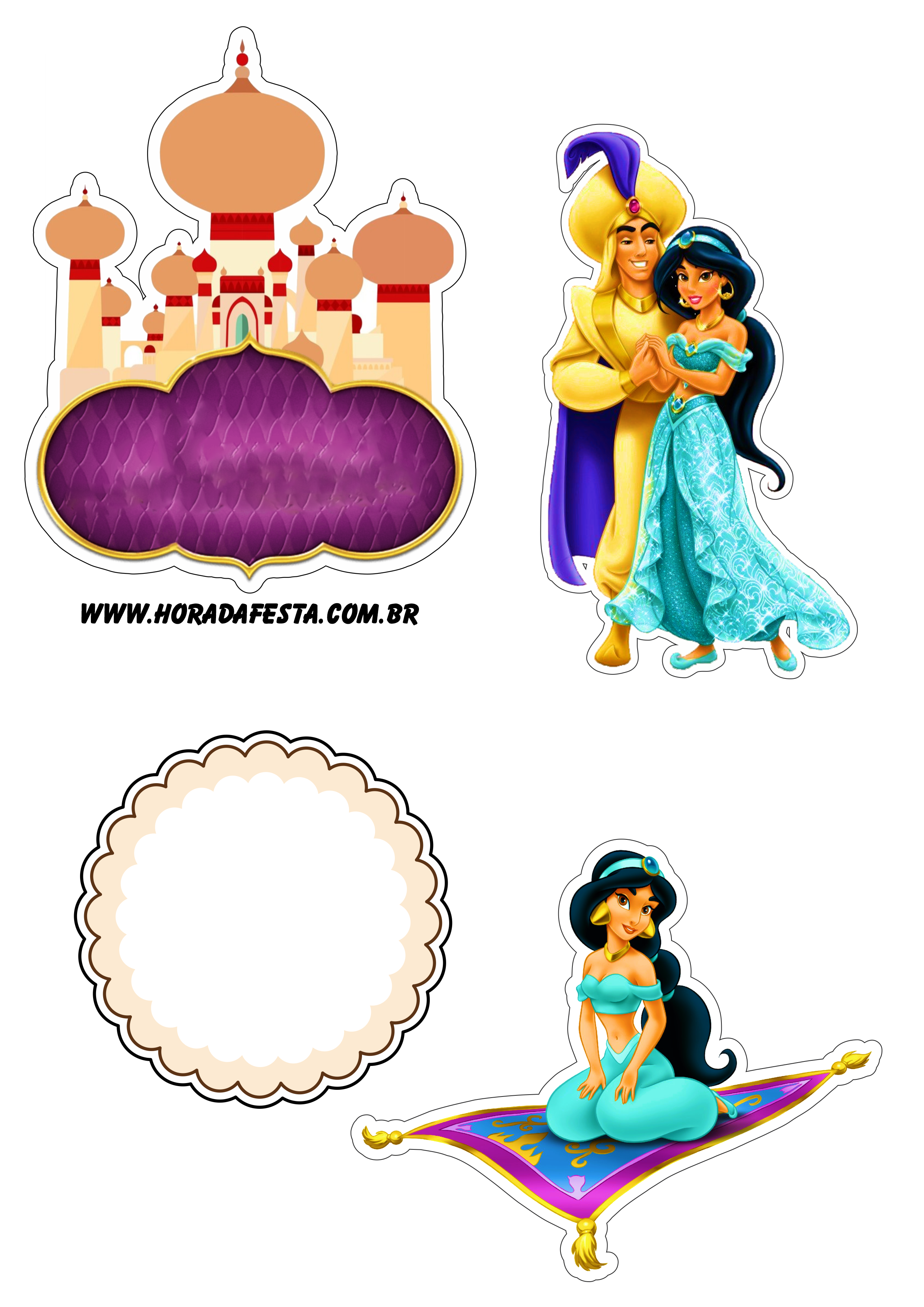 Topo de bolo de aniversário Aladdin e princesa Jasmine papelaria criativa pack de imagens png