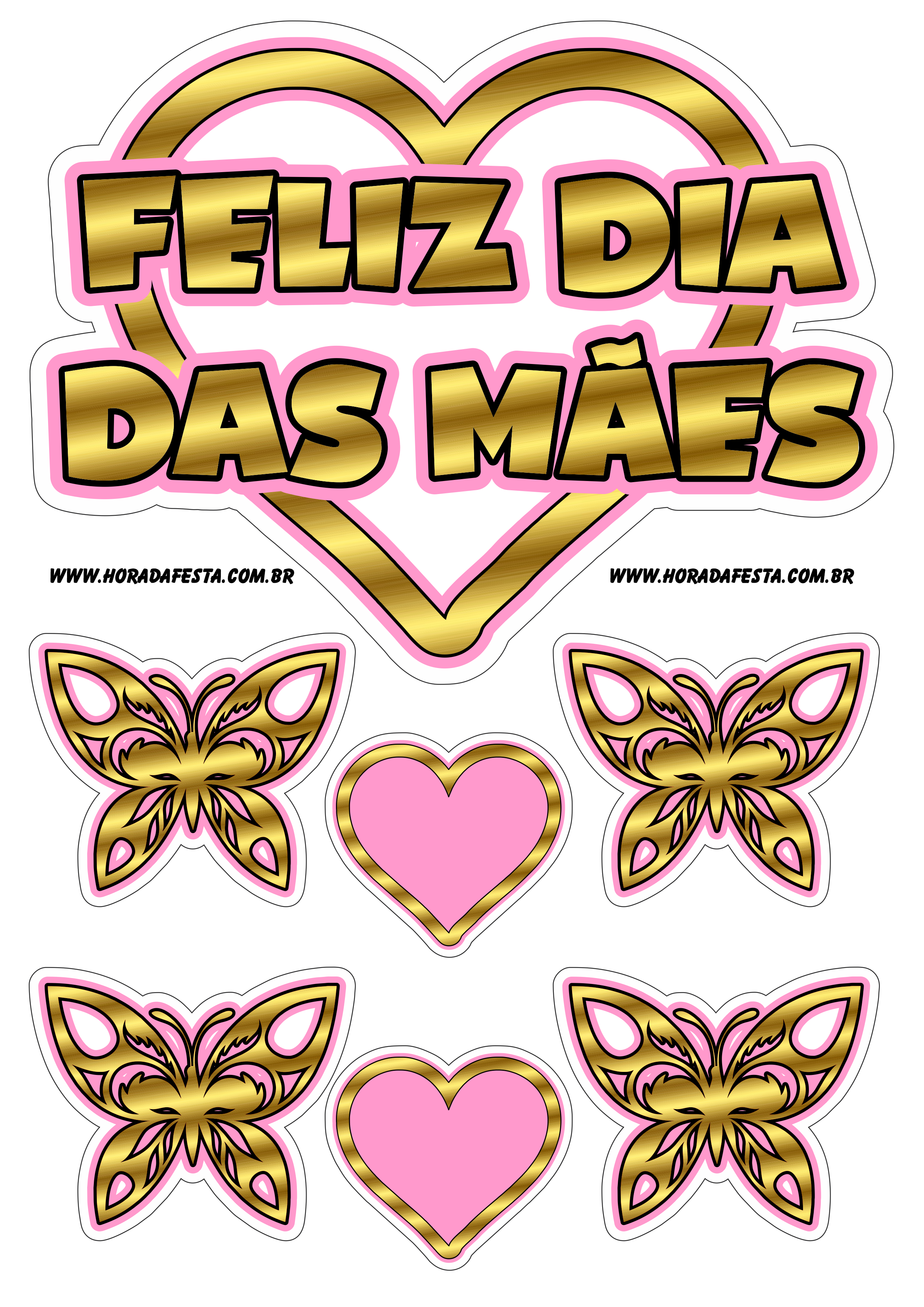 Feliz dia das mães topo de bolo coração e borboletas rosa com dourado png