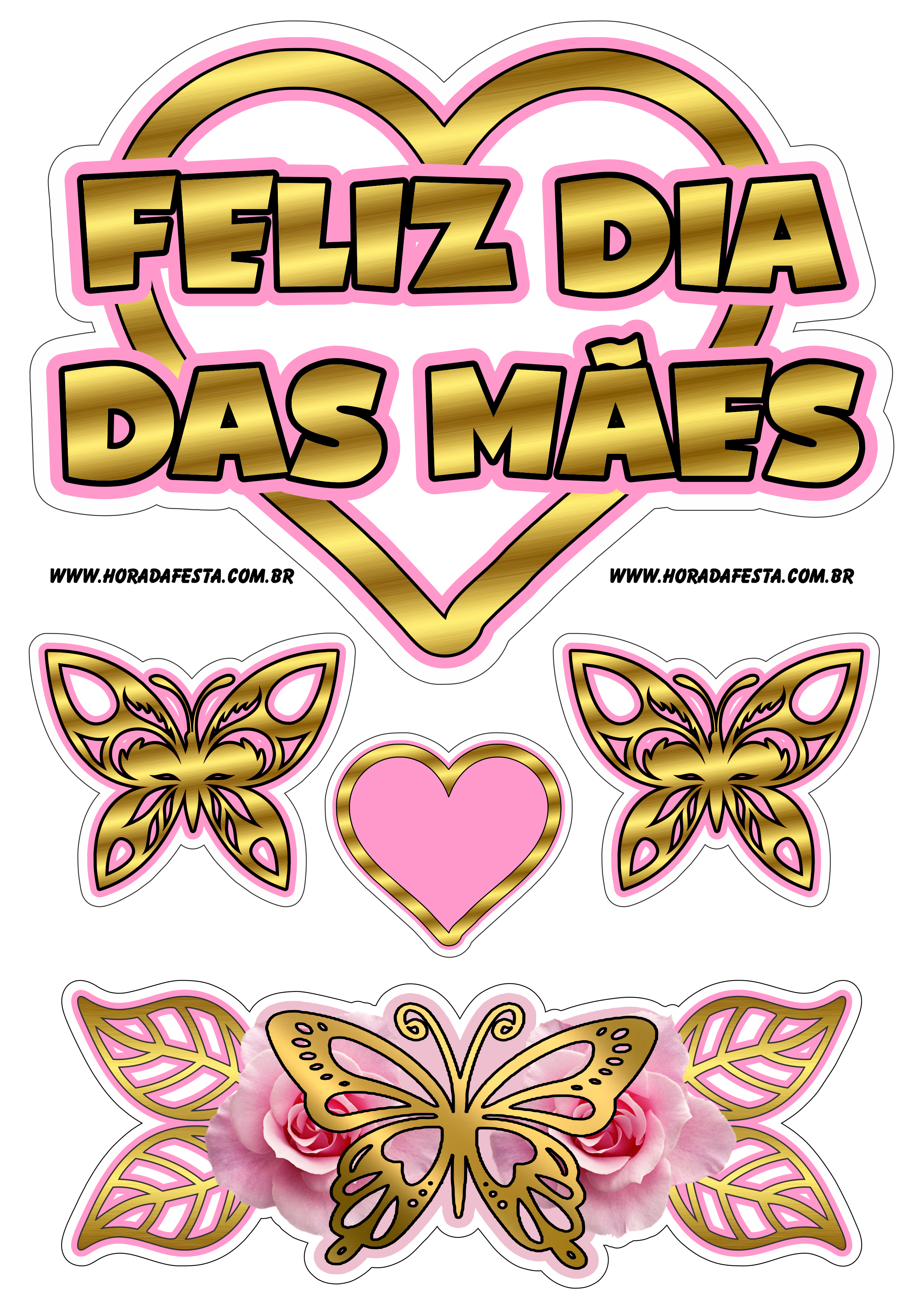Feliz dia das mães topo de bolo coração e borboletas rosa com dourado papelaria png