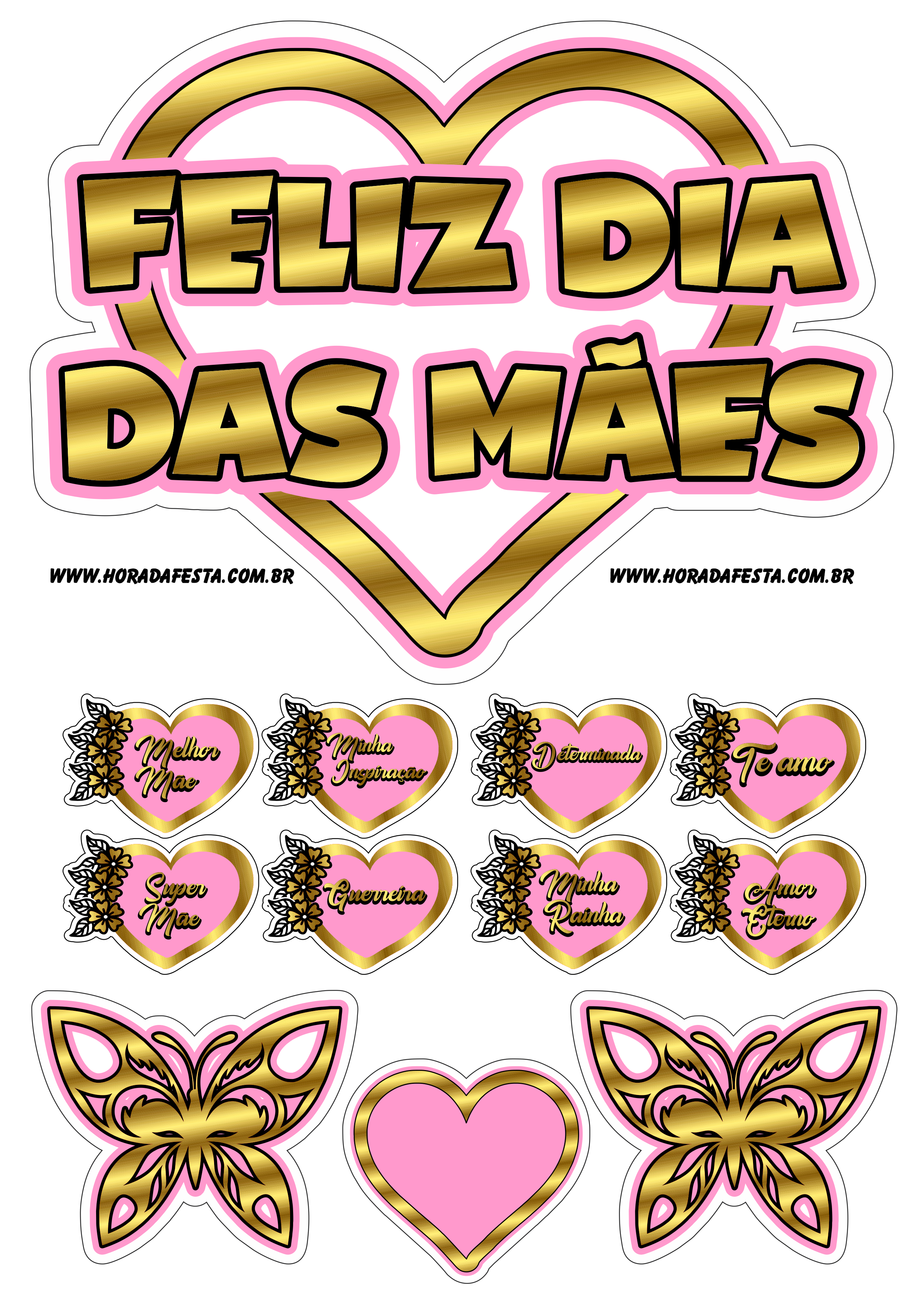 Feliz dia das mães topo de bolo coração e borboletas rosa com dourado frases png