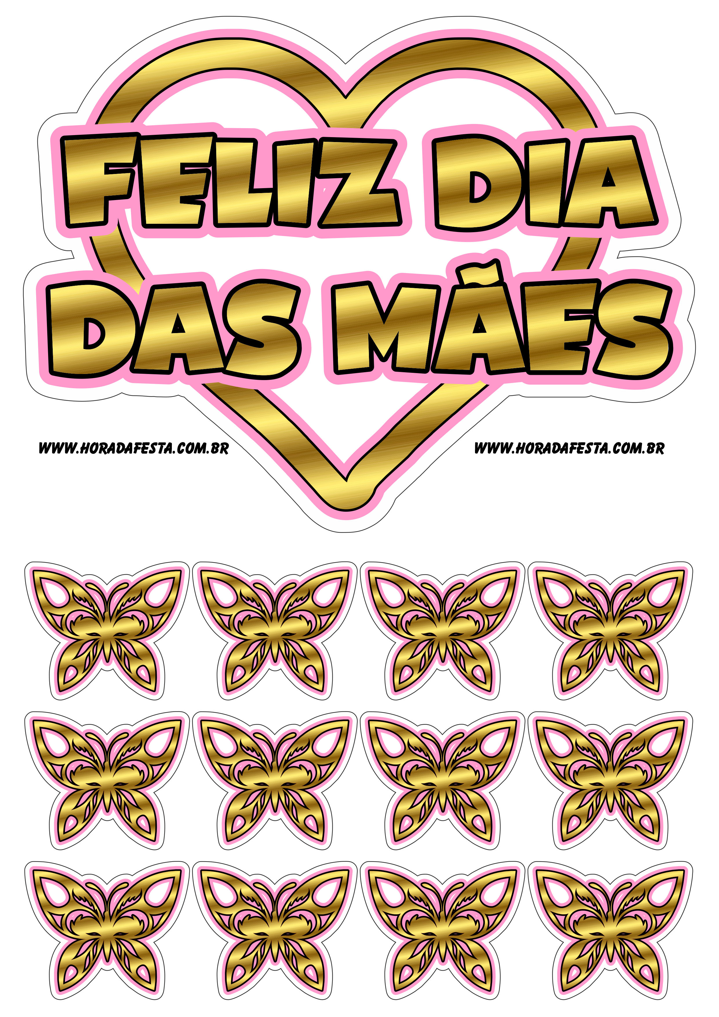 Feliz dia das mães topo de bolo coração e borboletas rosa com dourado artes para festa png