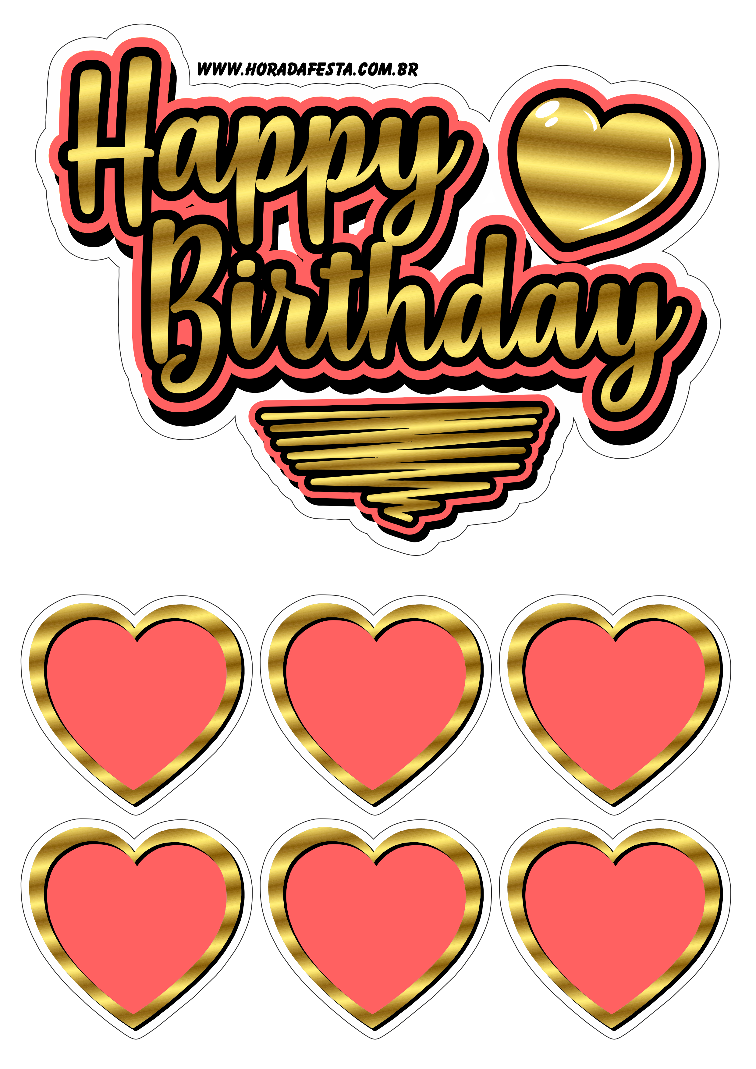 Happy Birthday dourado com vermelho topo de bolo festa personalizada corações png