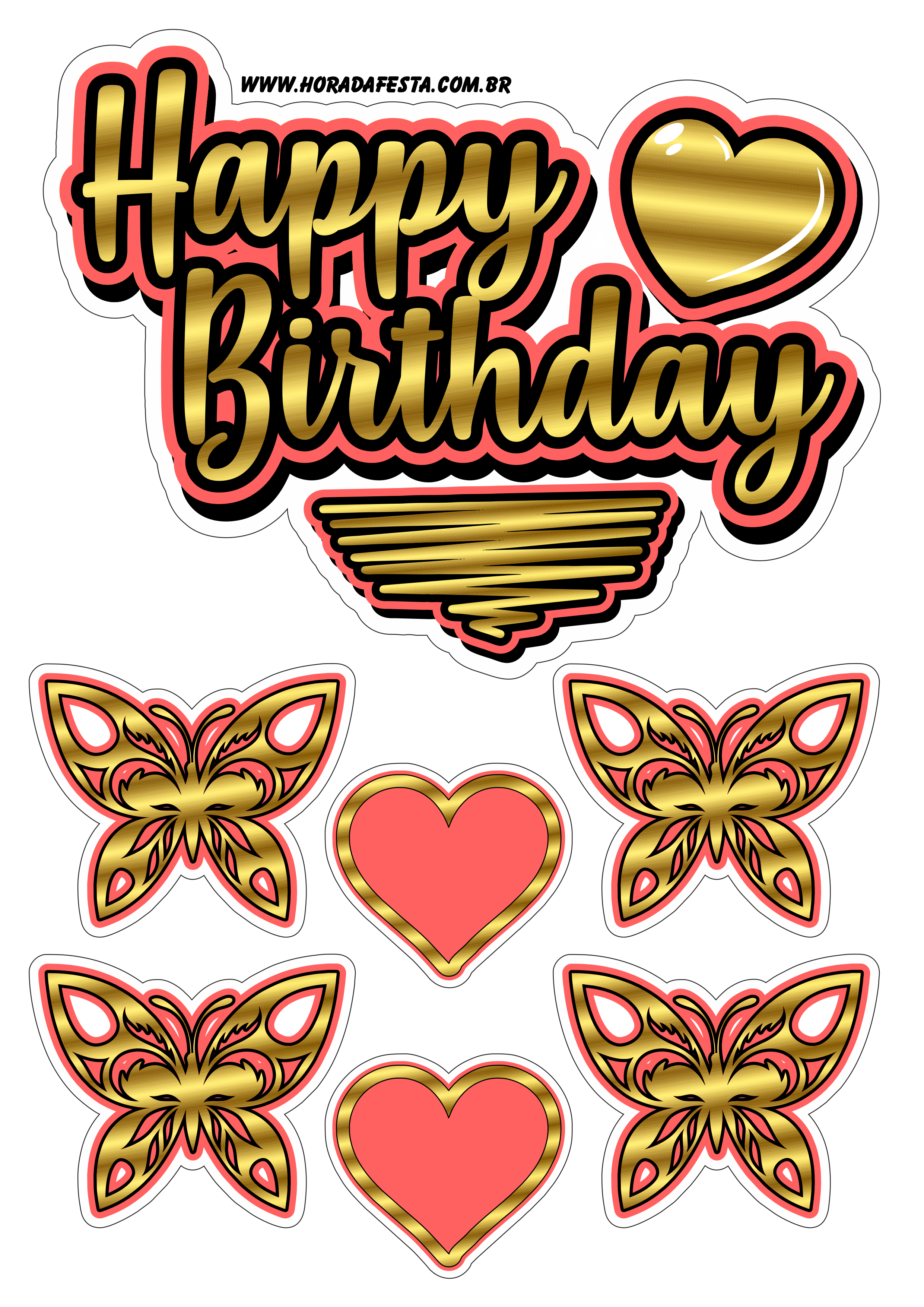 Happy Birthday dourado com vermelho topo de bolo festa personalizada corações e borboletas png