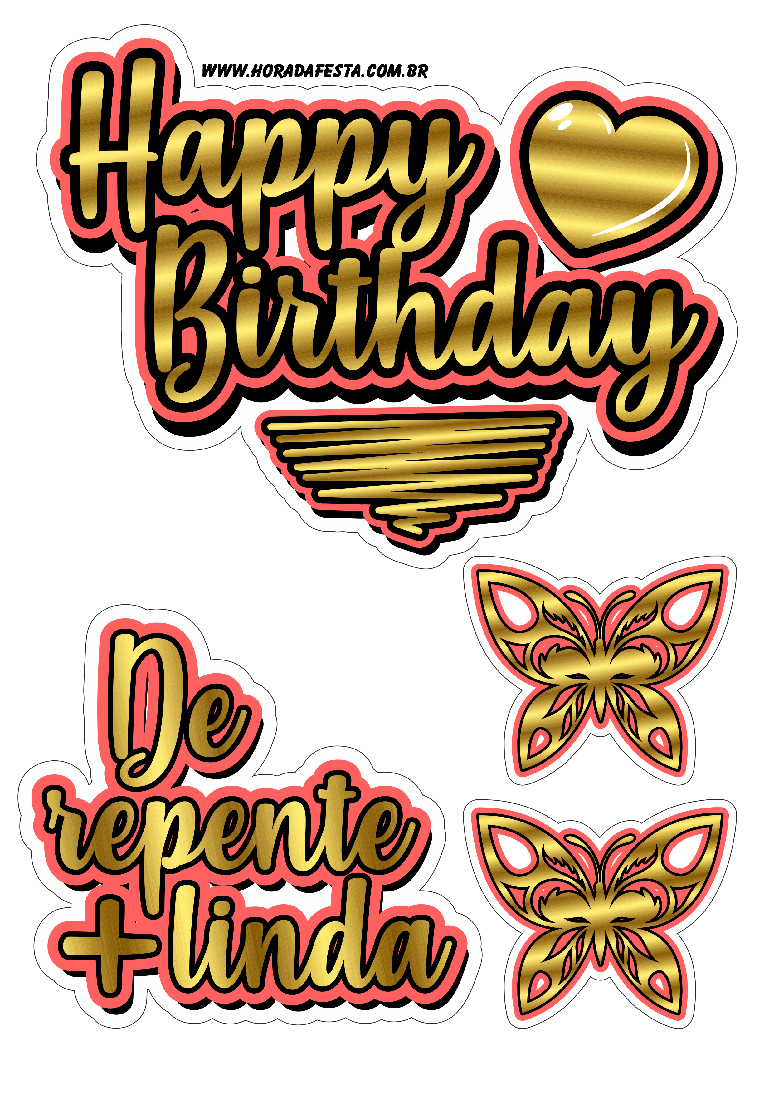 Happy Birthday dourado com vermelho topo de bolo de repente mais linda png