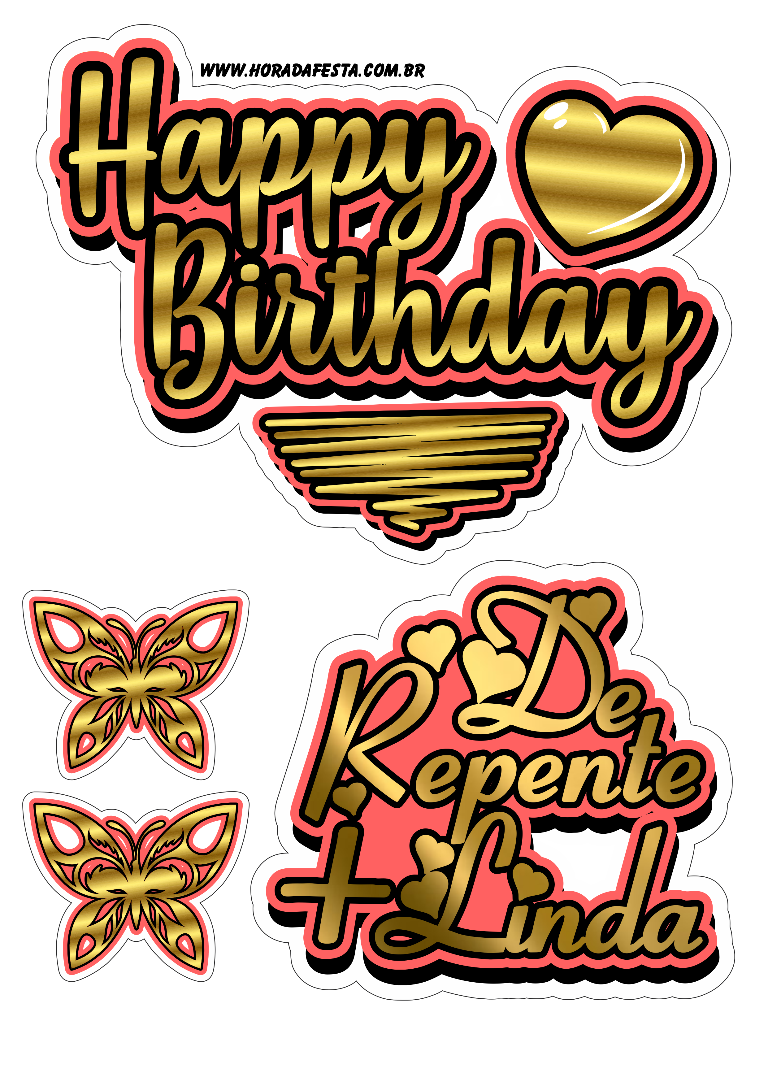 Happy Birthday dourado com vermelho topo de bolo de repente mais linda artes gráficas png