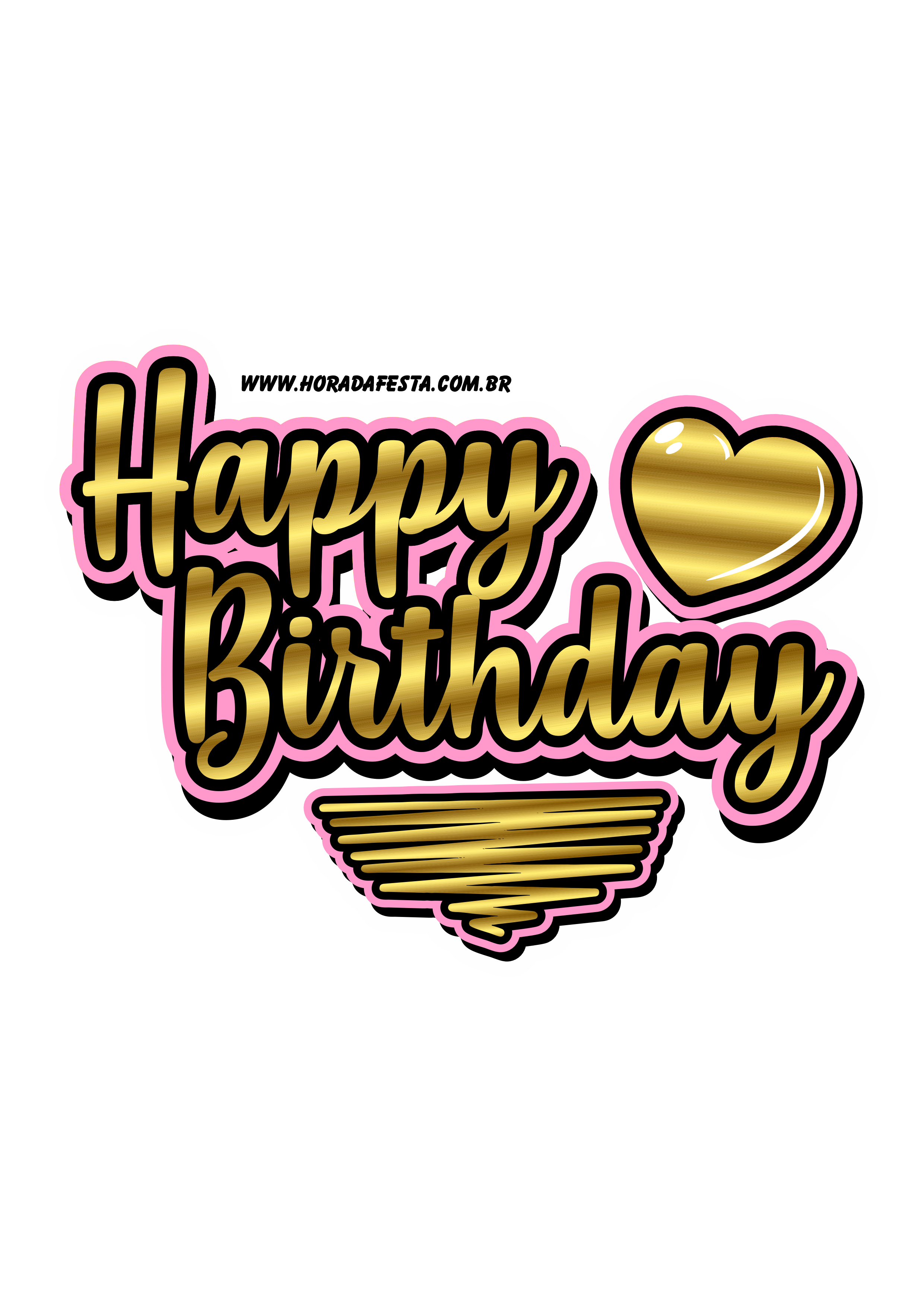 Logo Happy Birthday dourado com rosa png