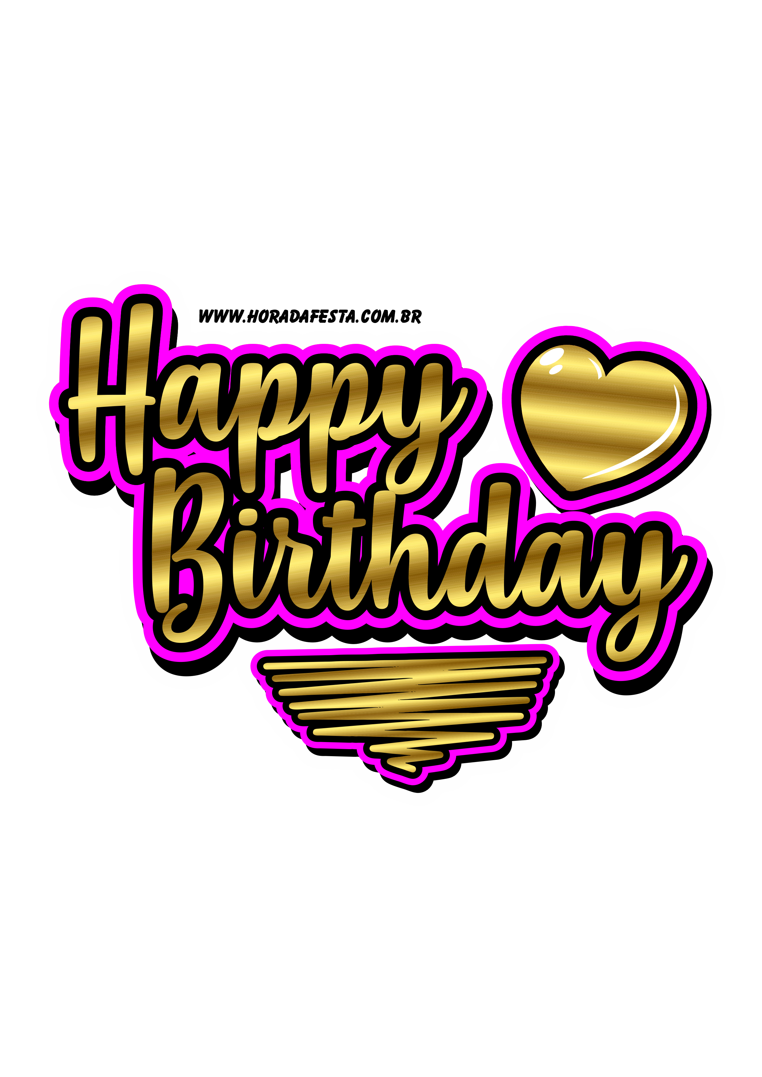 Logo Happy Birthday dourado com rosa pink png