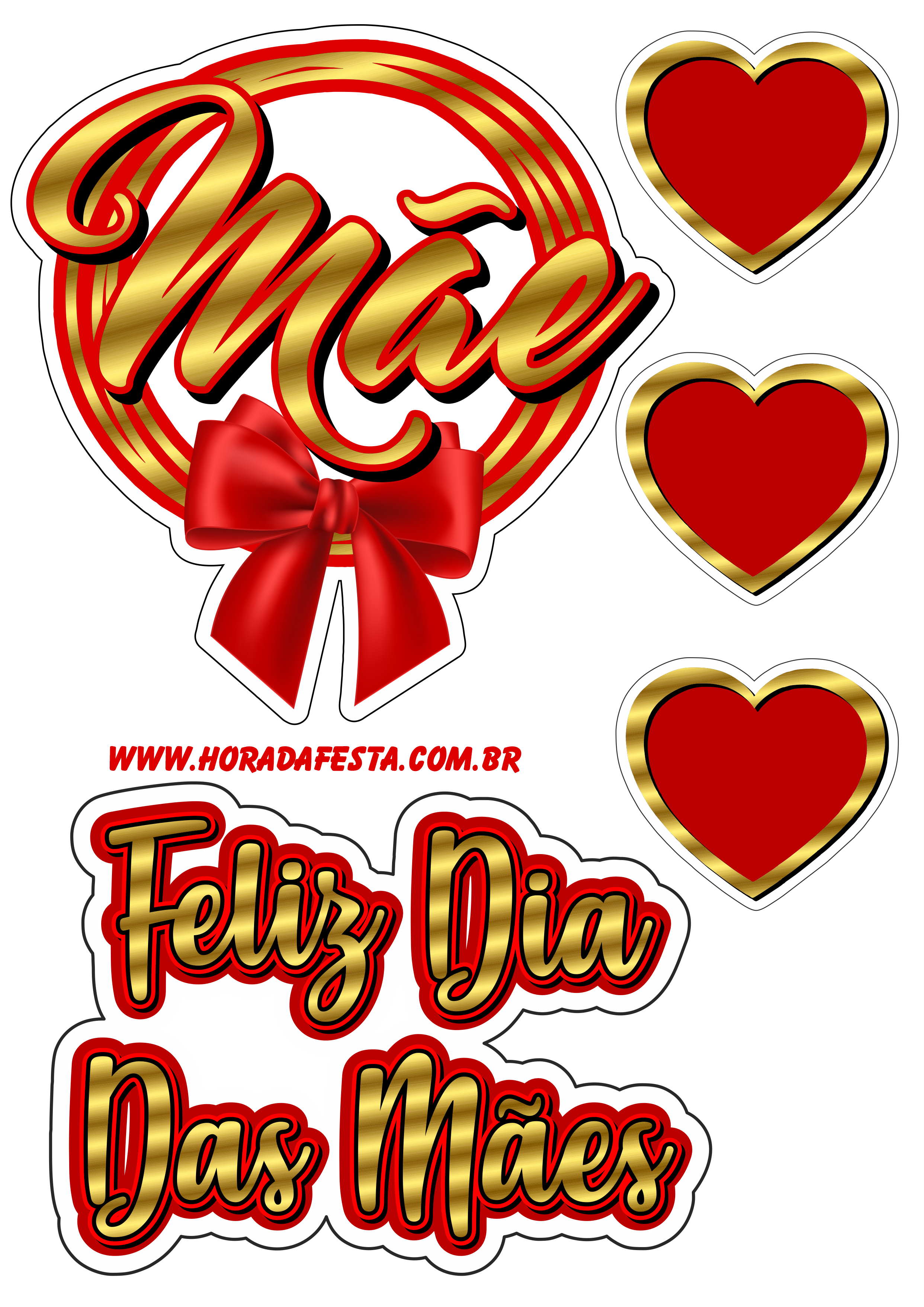 Topo de bolo dia das mães dourado com vermelho corações png