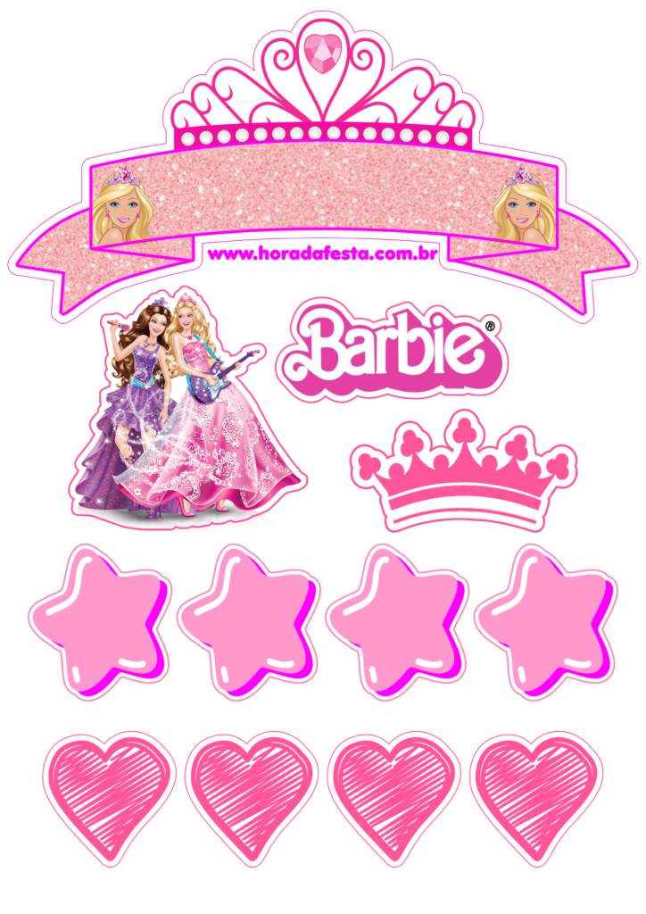 Boneca Barbie princesa topo de bolo rosa brilhante estrelas e