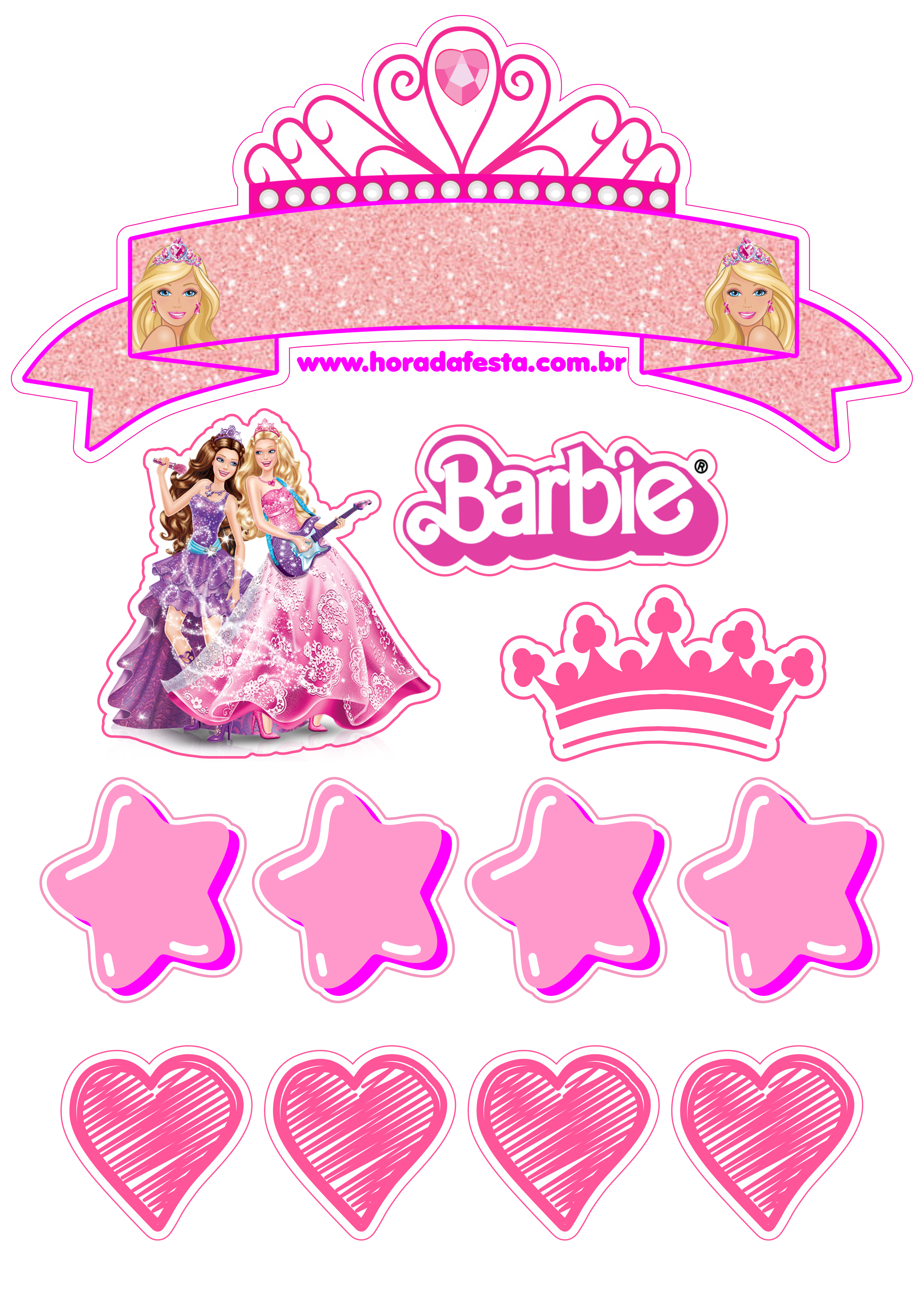 Boneca Barbie princesa topo de bolo rosa brilhante estrelas e corações png