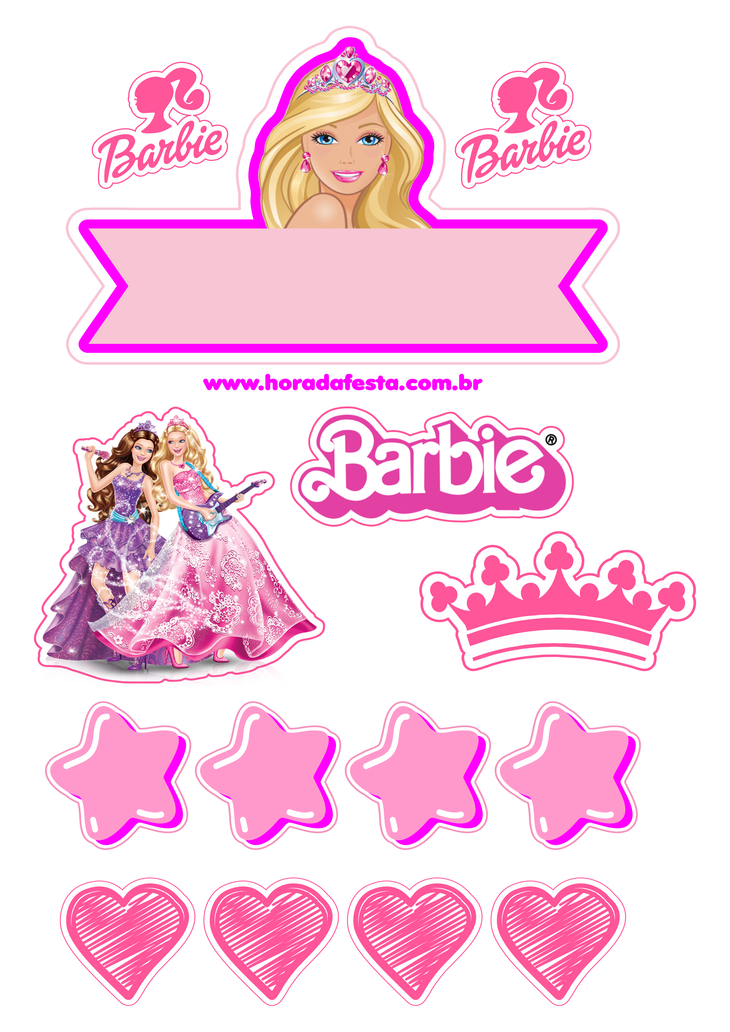 Topo de bolo Boneca Barbie festa infantil estrelas e corações png