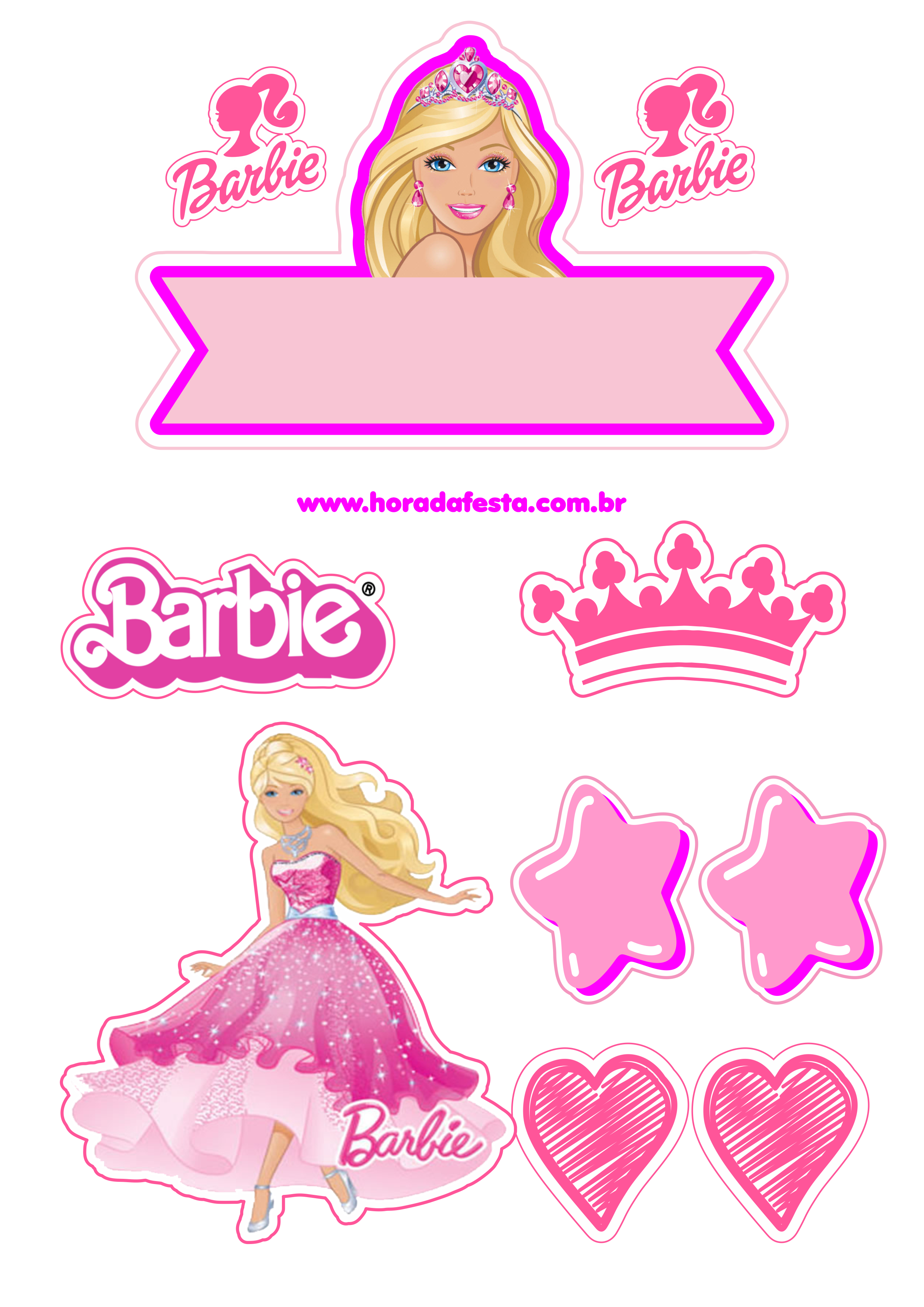 Topo de bolo Boneca Barbie festa infantil estrelas e corações artes gráficas png