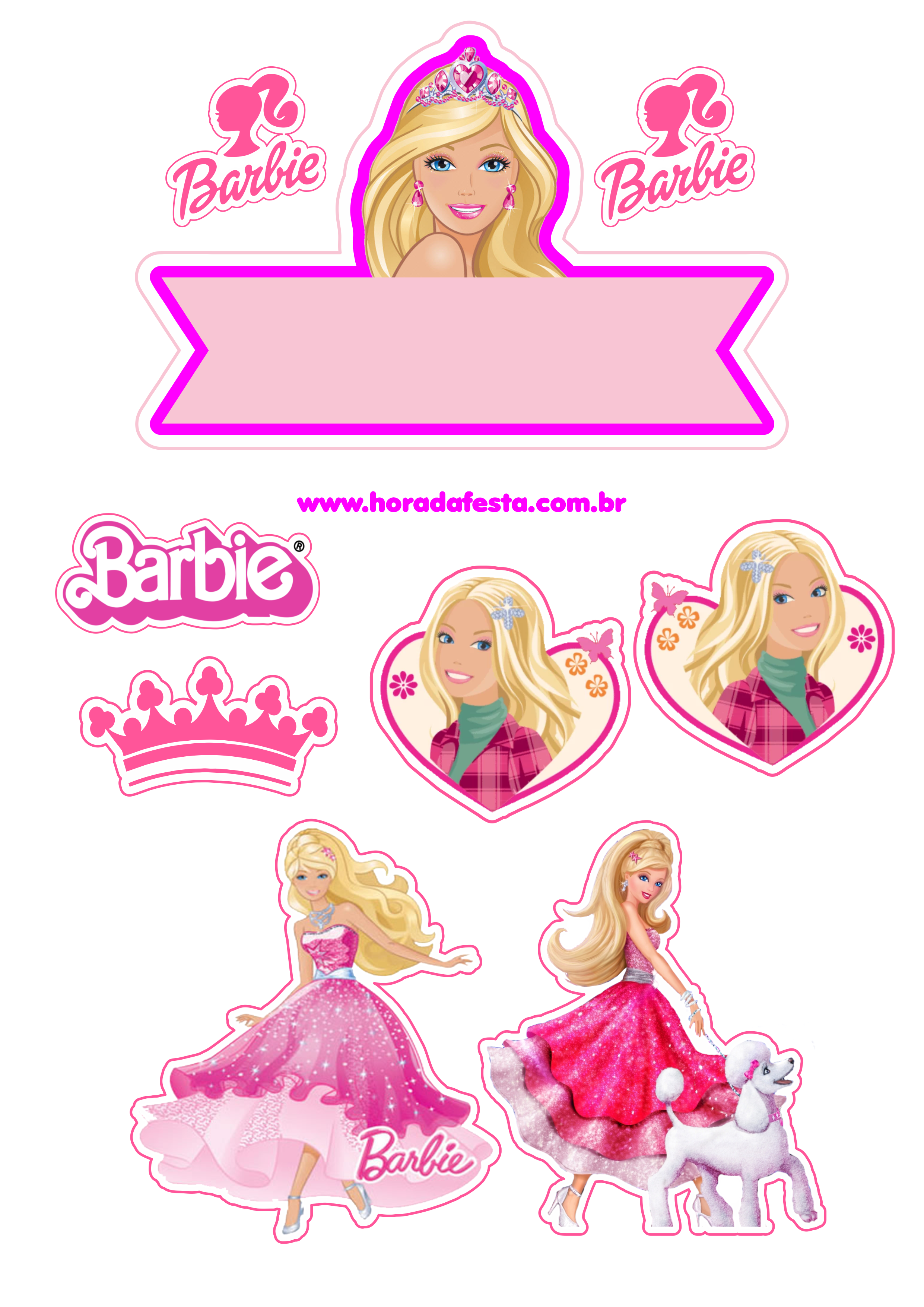 Topo de bolo Boneca Barbie festa infantil estrelas e corações pack de imagens grátis png