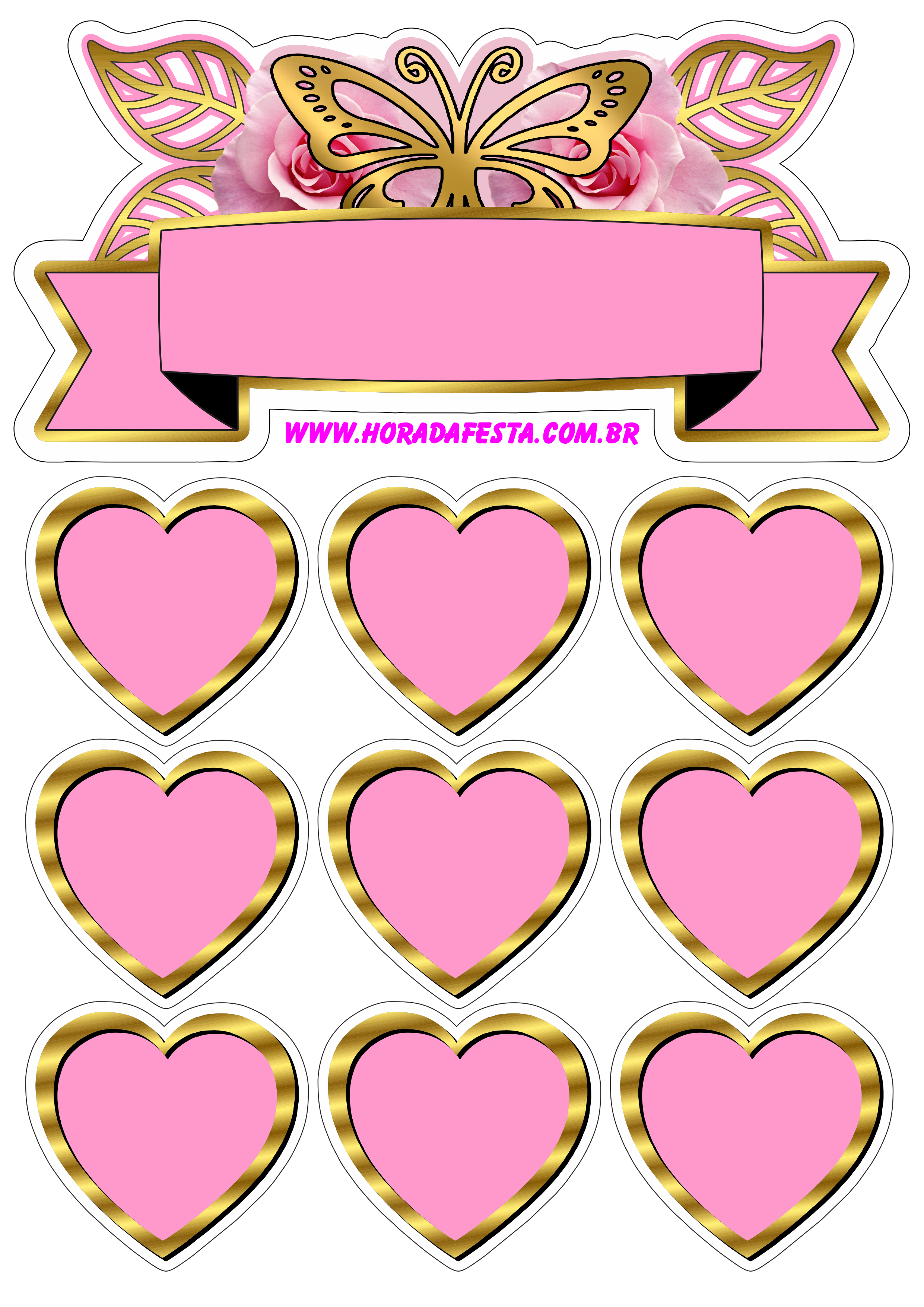 Borboleta dourada com corações topo de bolo rosa png