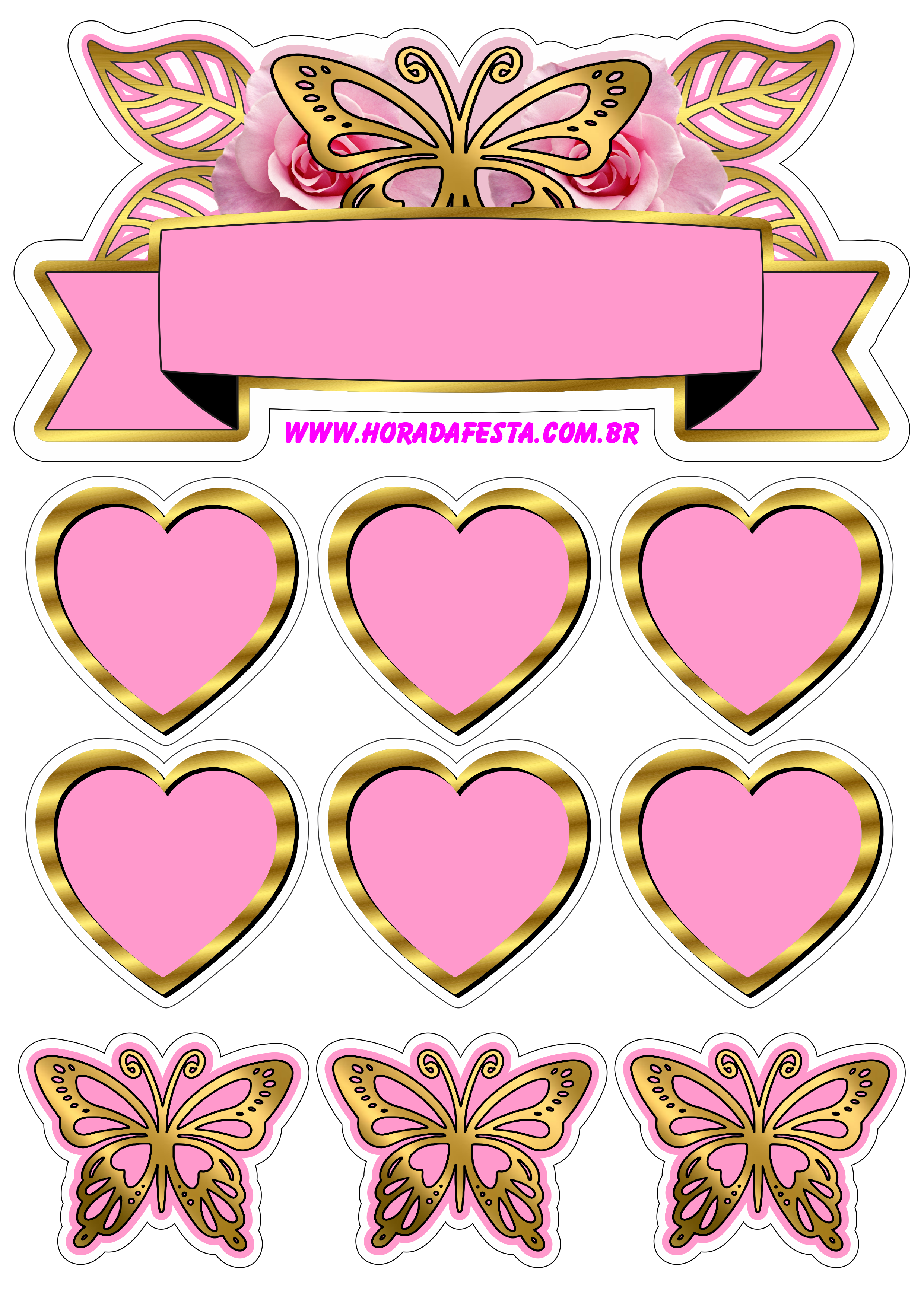 Borboleta dourada com corações topo de bolo rosa decoração de festa png