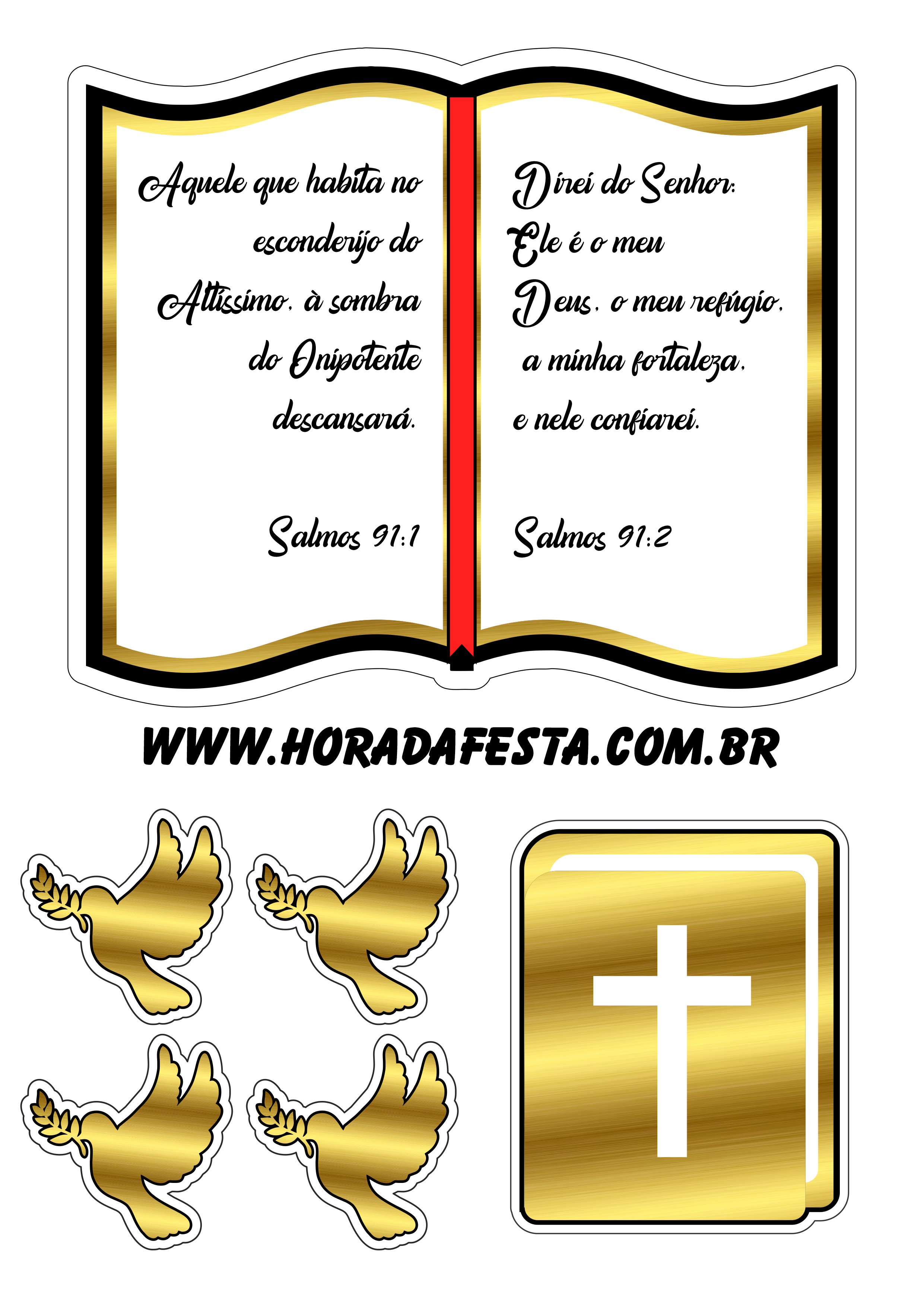 Salmo 91 topo de bolo para imprimir religioso dourado decoração livro sagrado png