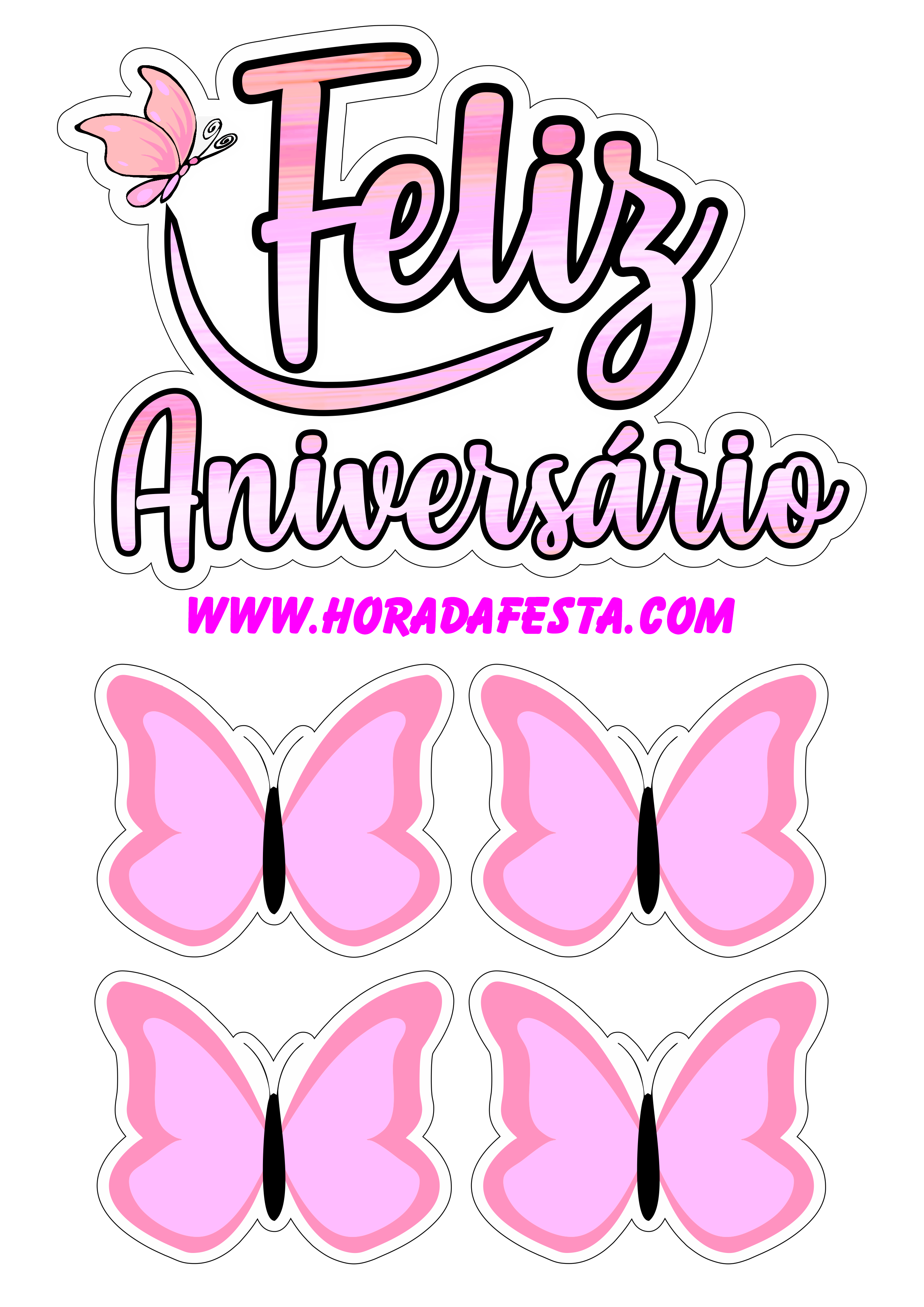 Baixar topo de bolo com tema de borboletas rosa feliz aniversário png
