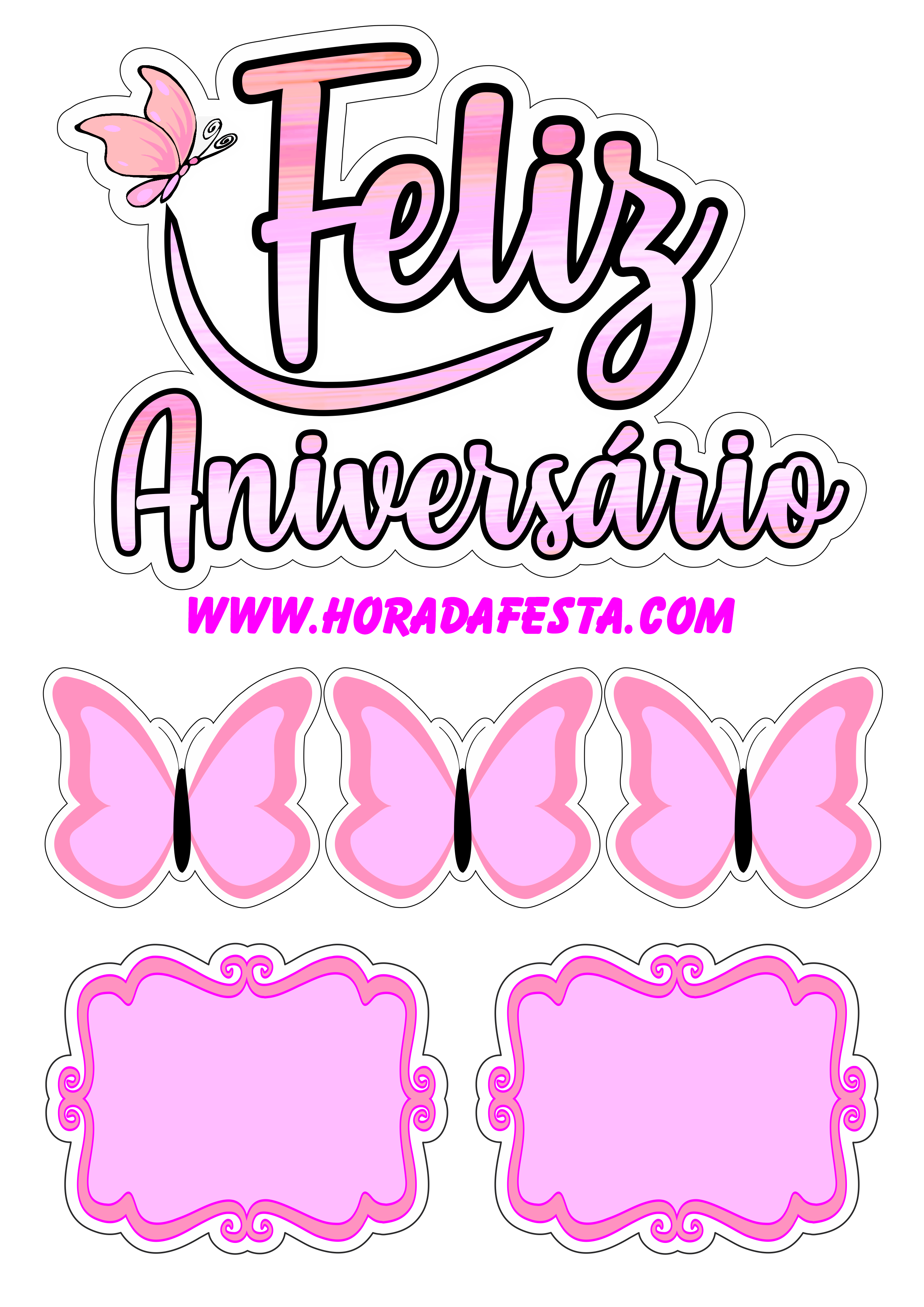 Borboletas rosa topo de bolo feliz aniversário pack de imagens png