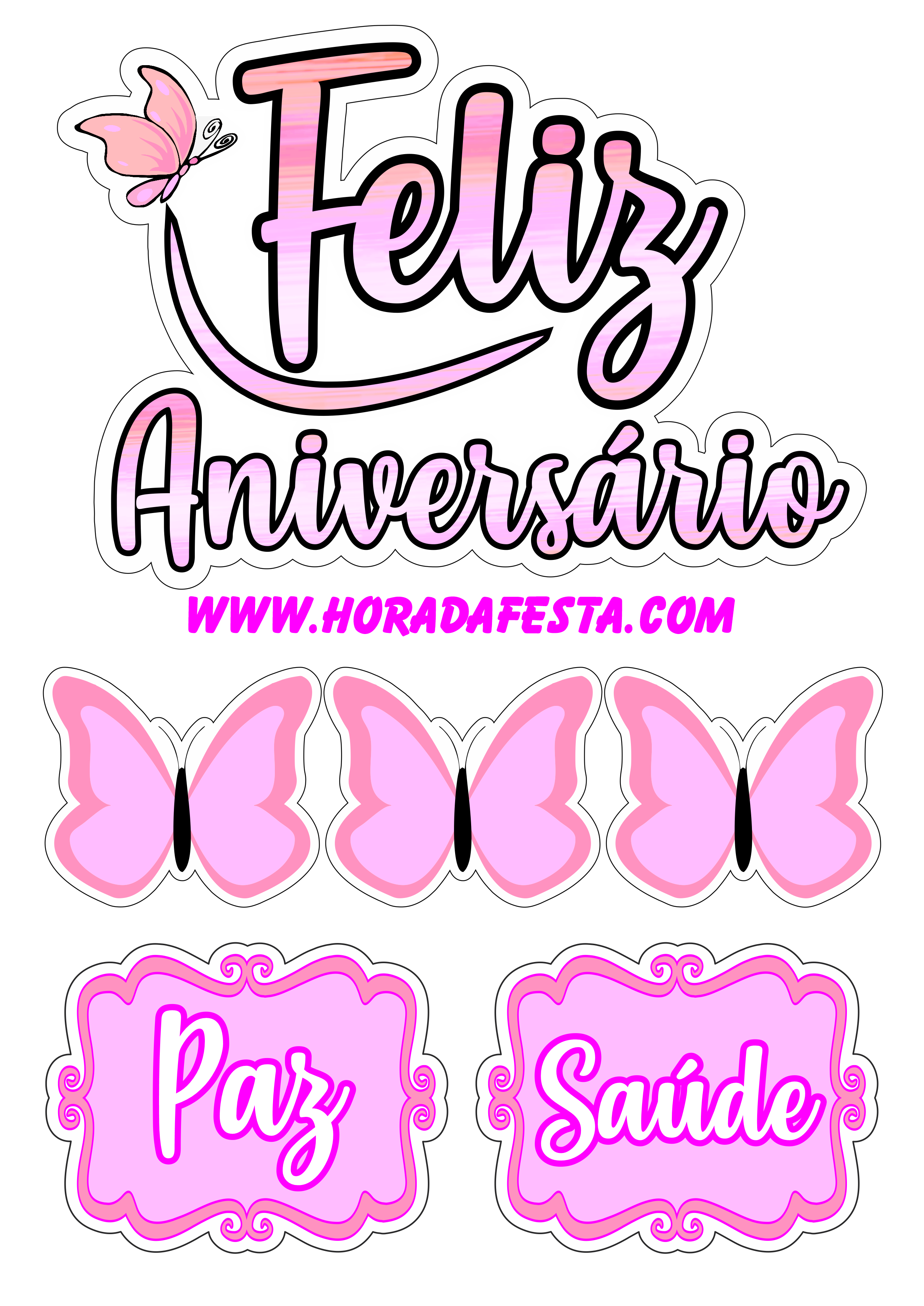 Borboletas rosa topo de bolo feliz aniversário paz saúde renda extra com festas png