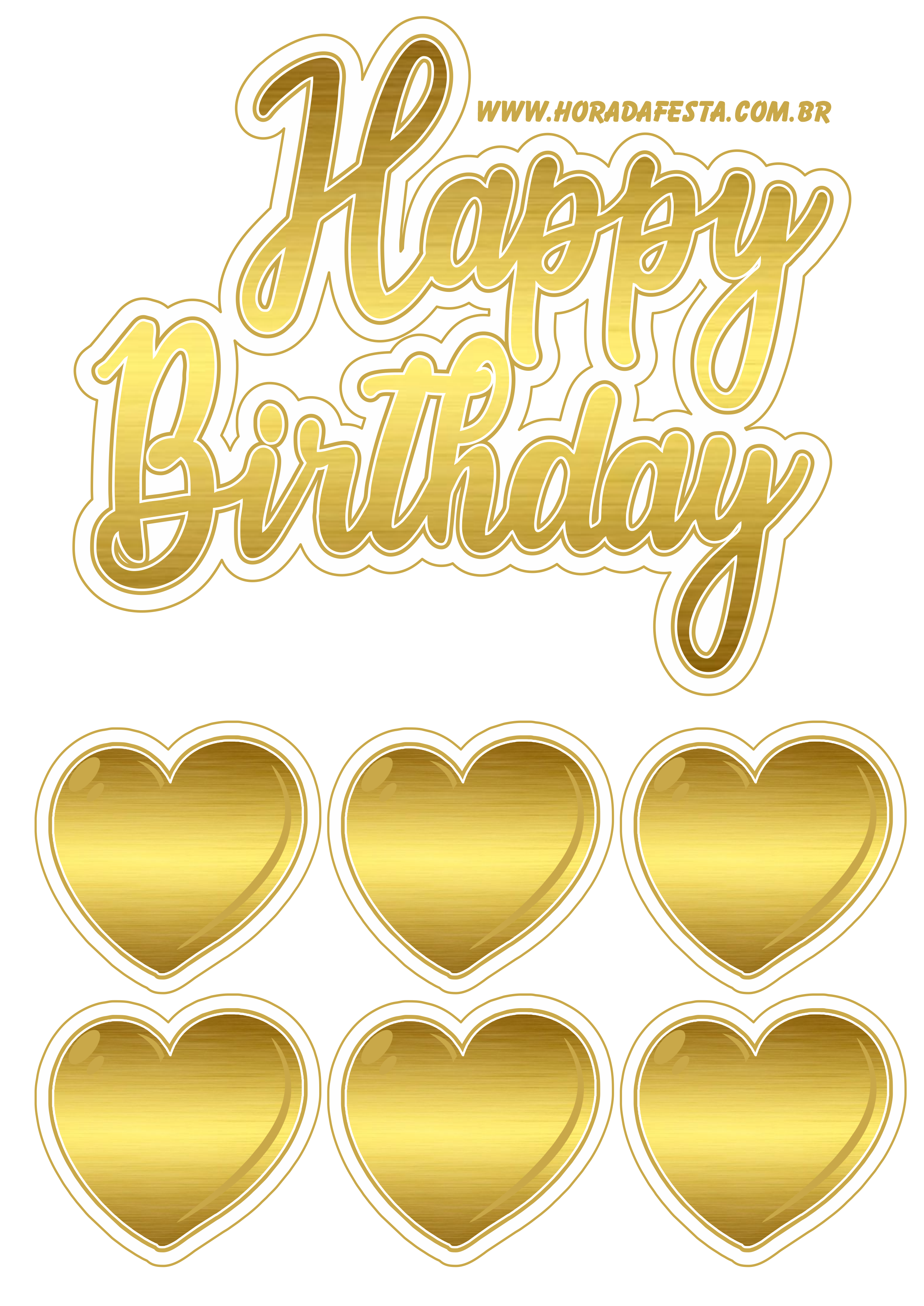 Happy Birthday baixar topo de bolo dourado com corações design grátis png