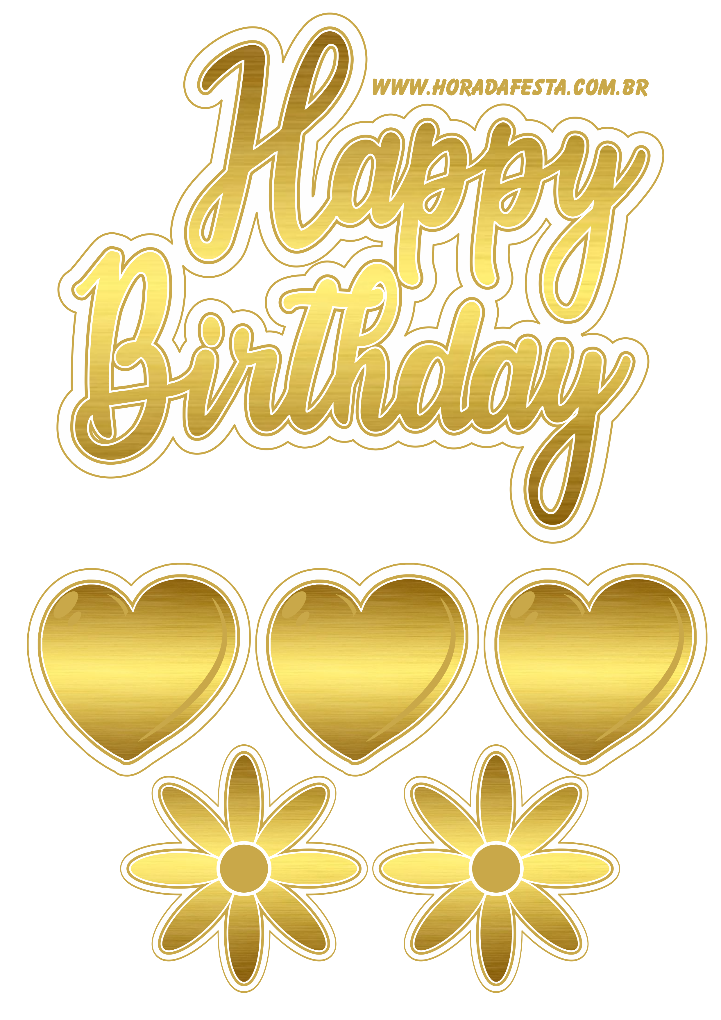Happy Birthday baixar topo de bolo dourado com corações e flores png