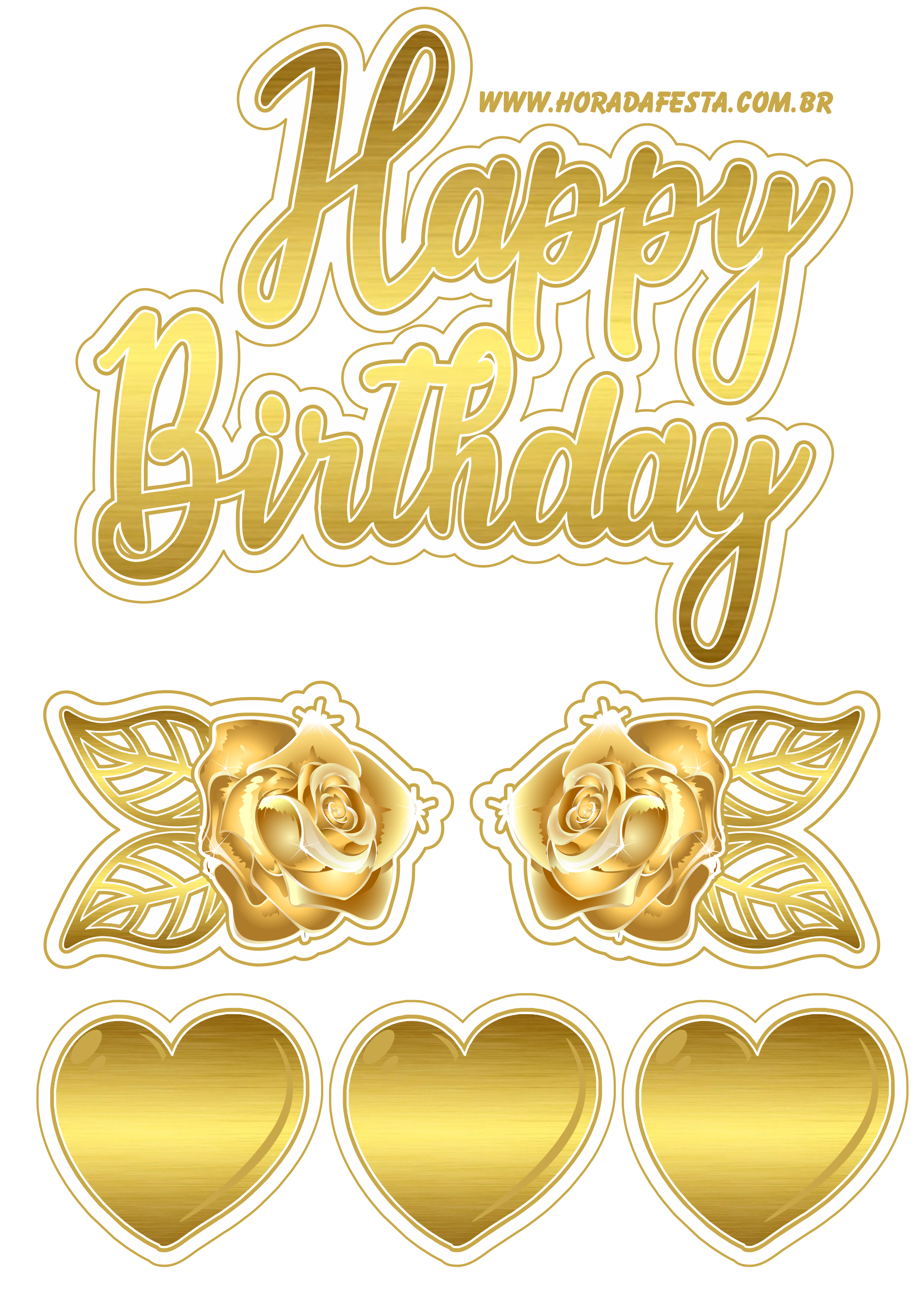 Happy Birthday baixar topo de bolo dourado com corações e flores artigos de papelaria png