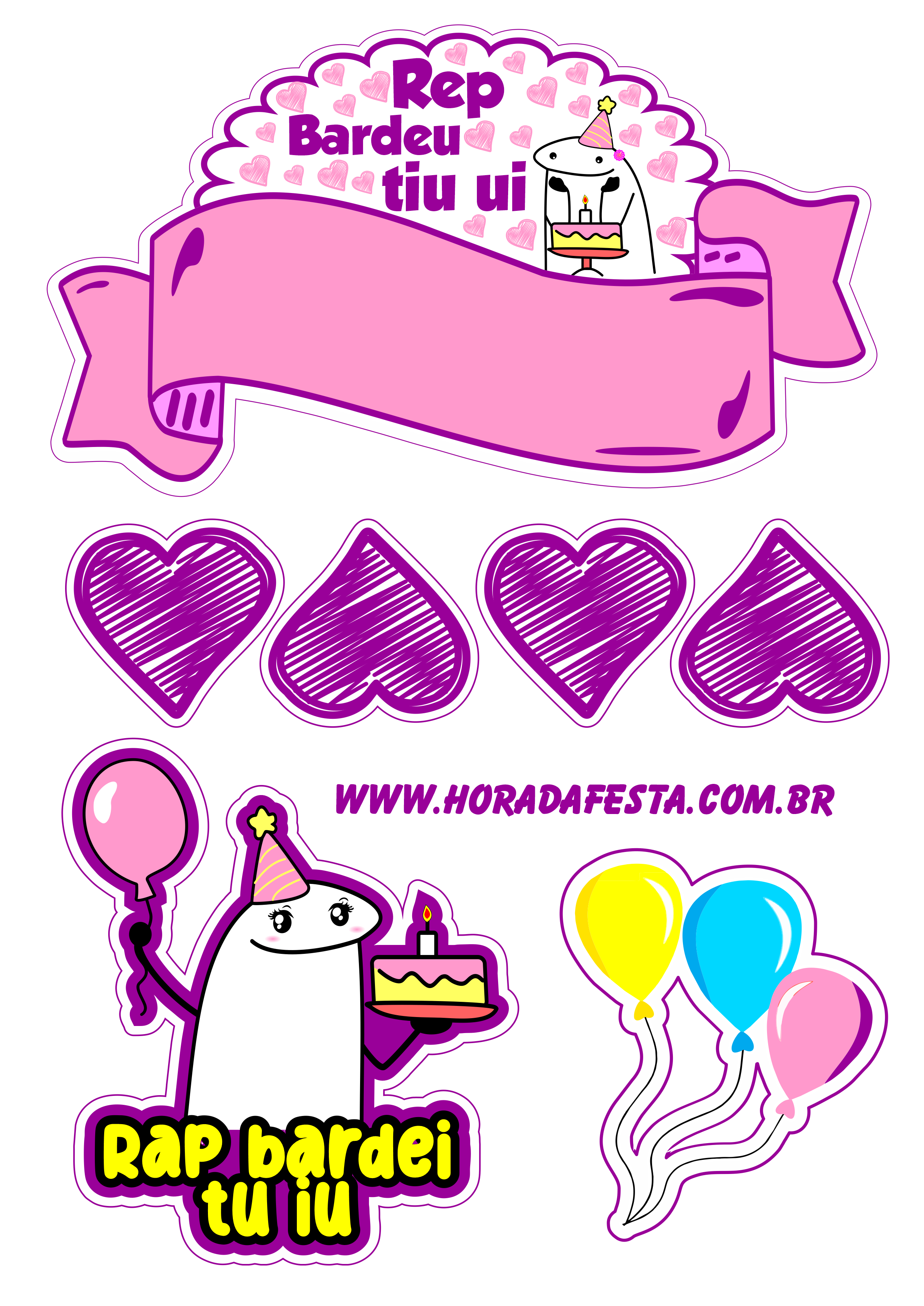 Topo de bolo para baixar flork of cows figurinhas engraçadas happy birthday corações e balões papelaria criativa png