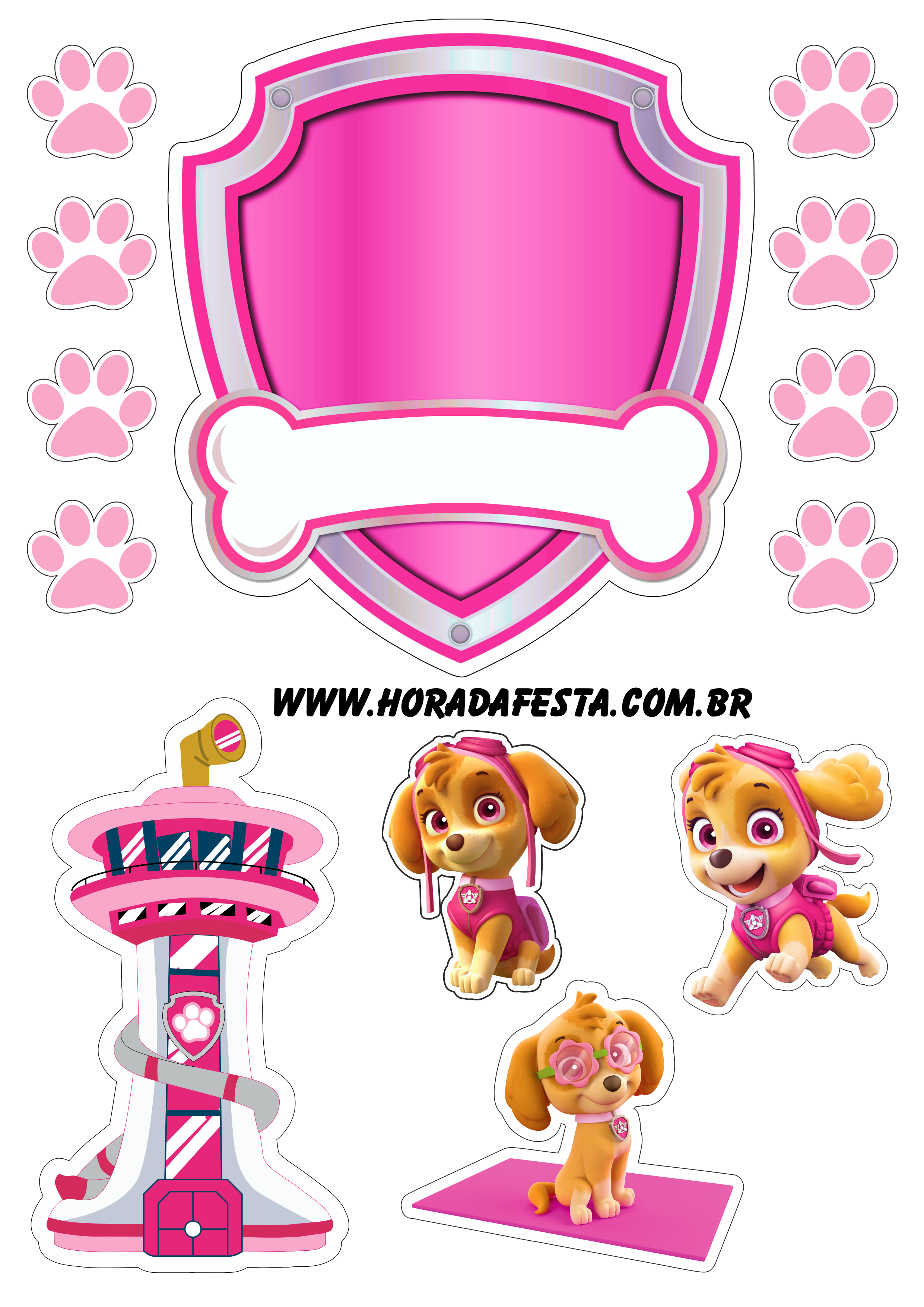 Patrulha canina paw patrol Skye topo de bolo para imprimir festa rosa para menina papelaria png
