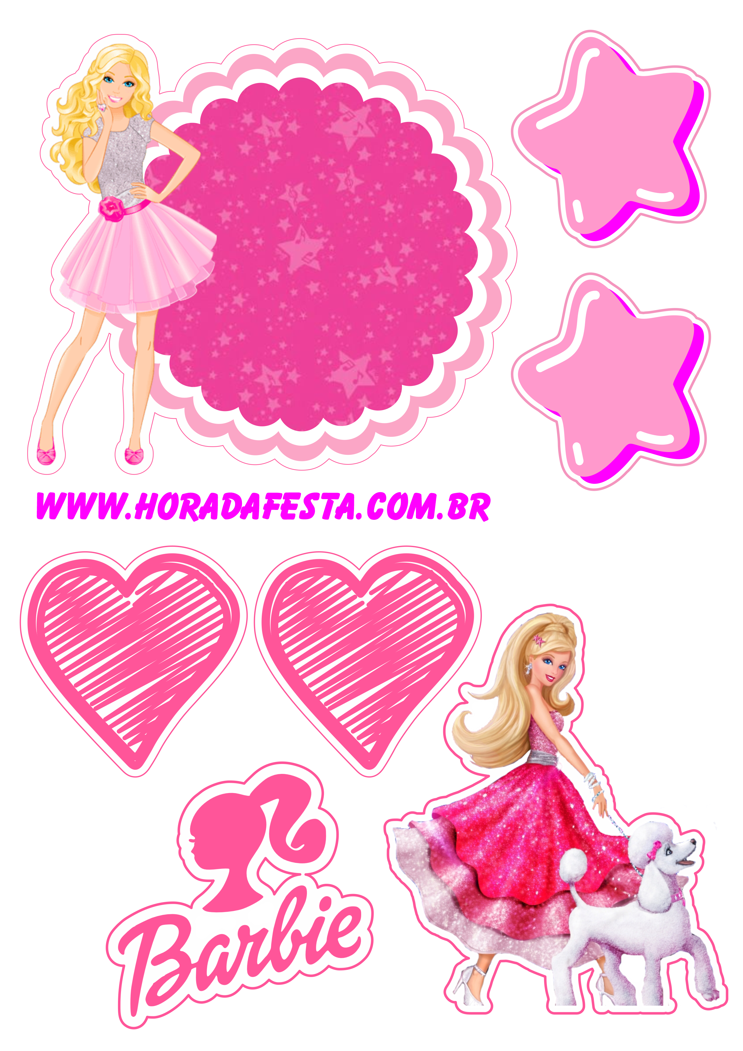 Barbie fashion festa de aniversário decoração topo de bolo rosa pink design estrelas e corações png