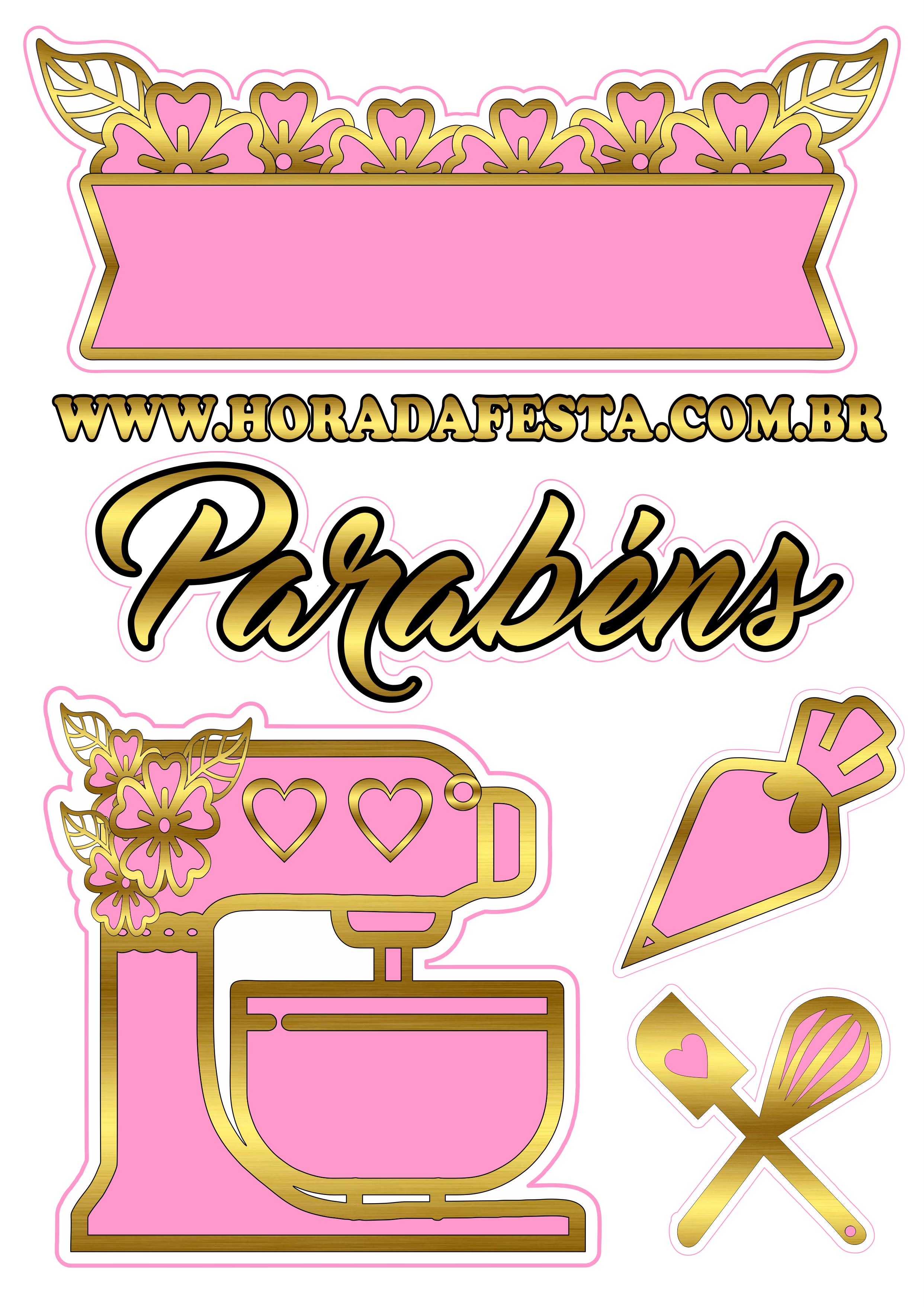 Topo de bolo tema confeiteira rosa com dourado pronto para imprimir parabéns png