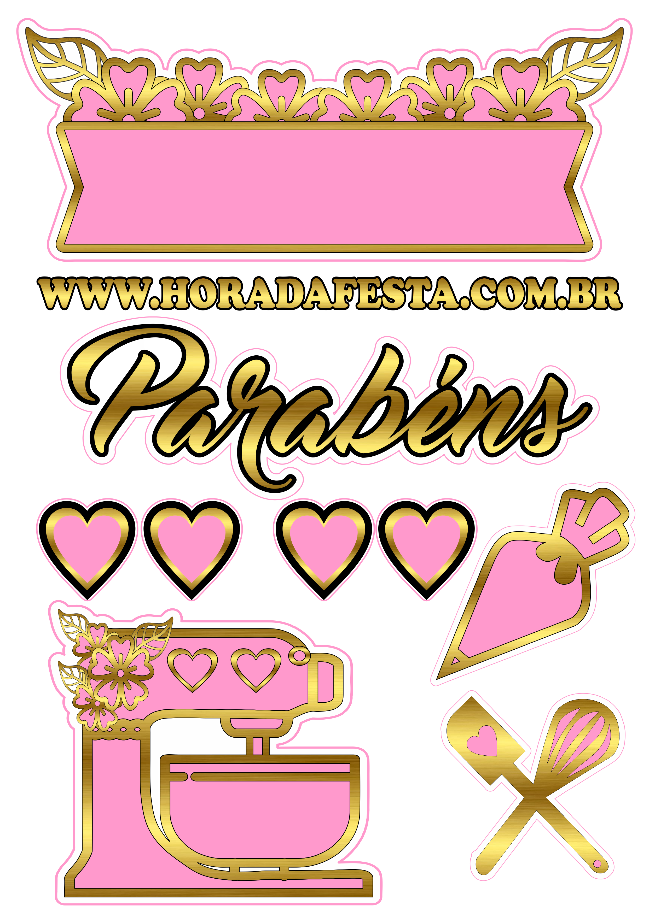 Topo de bolo tema confeiteira rosa com dourado pronto para imprimir parabéns corações png