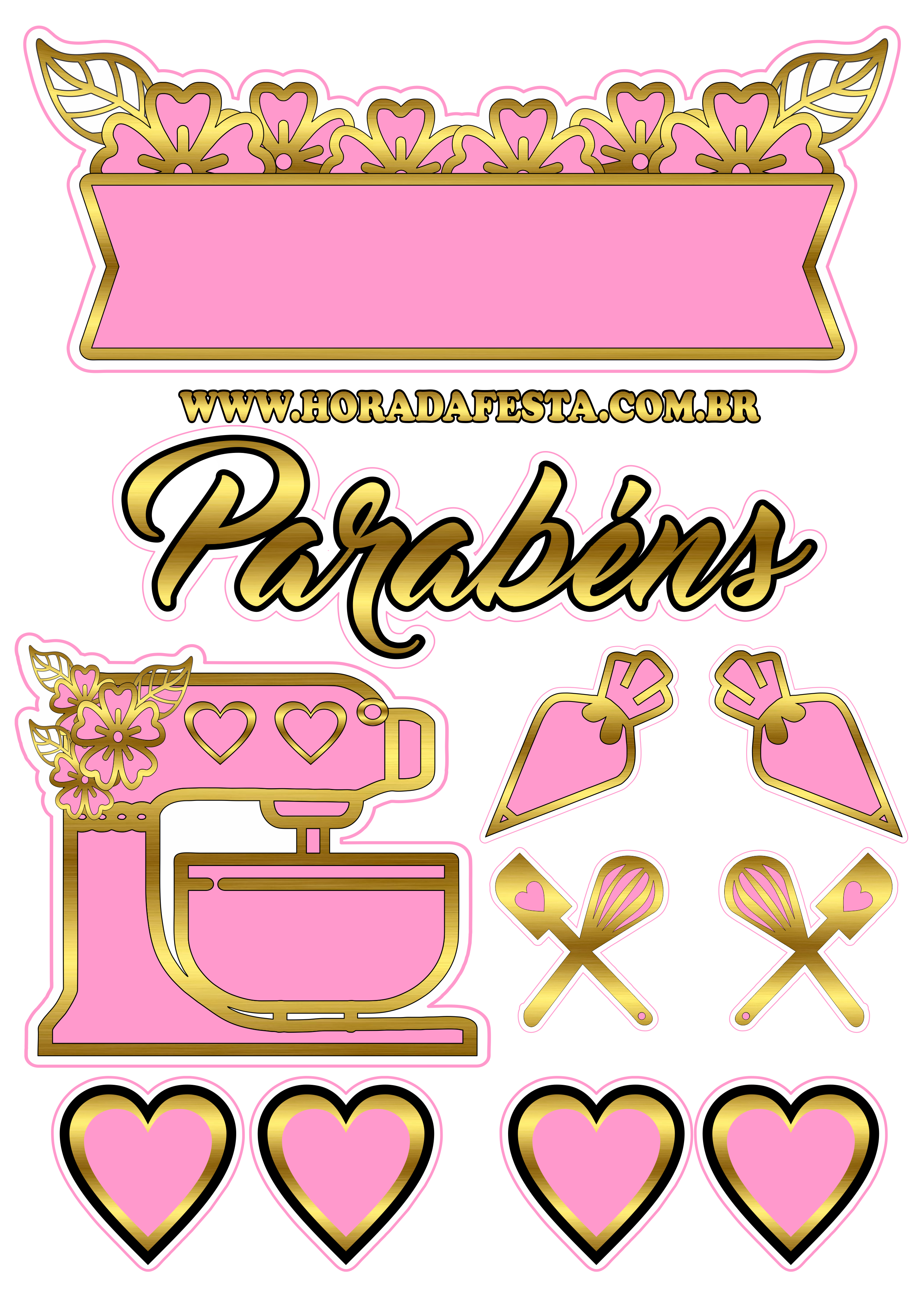 Topo de bolo tema confeiteira rosa com dourado pronto para imprimir parabéns corações decoração de aniversário png