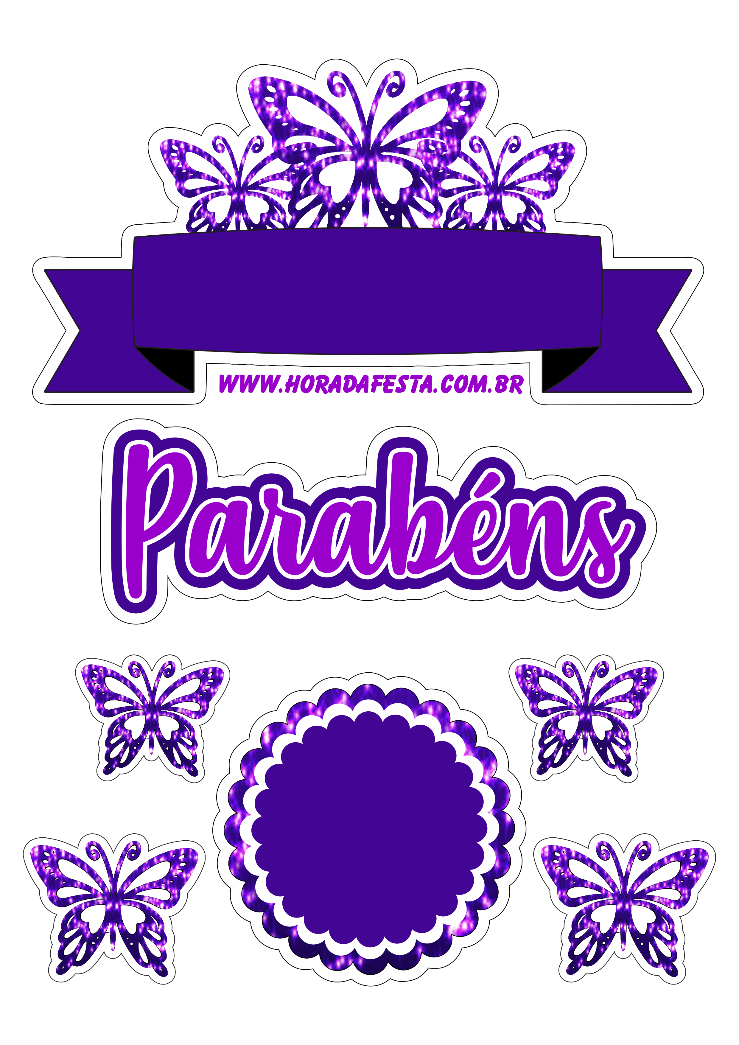 Topo de bolo para baixar borboletas brilhantes lilás design parabéns png