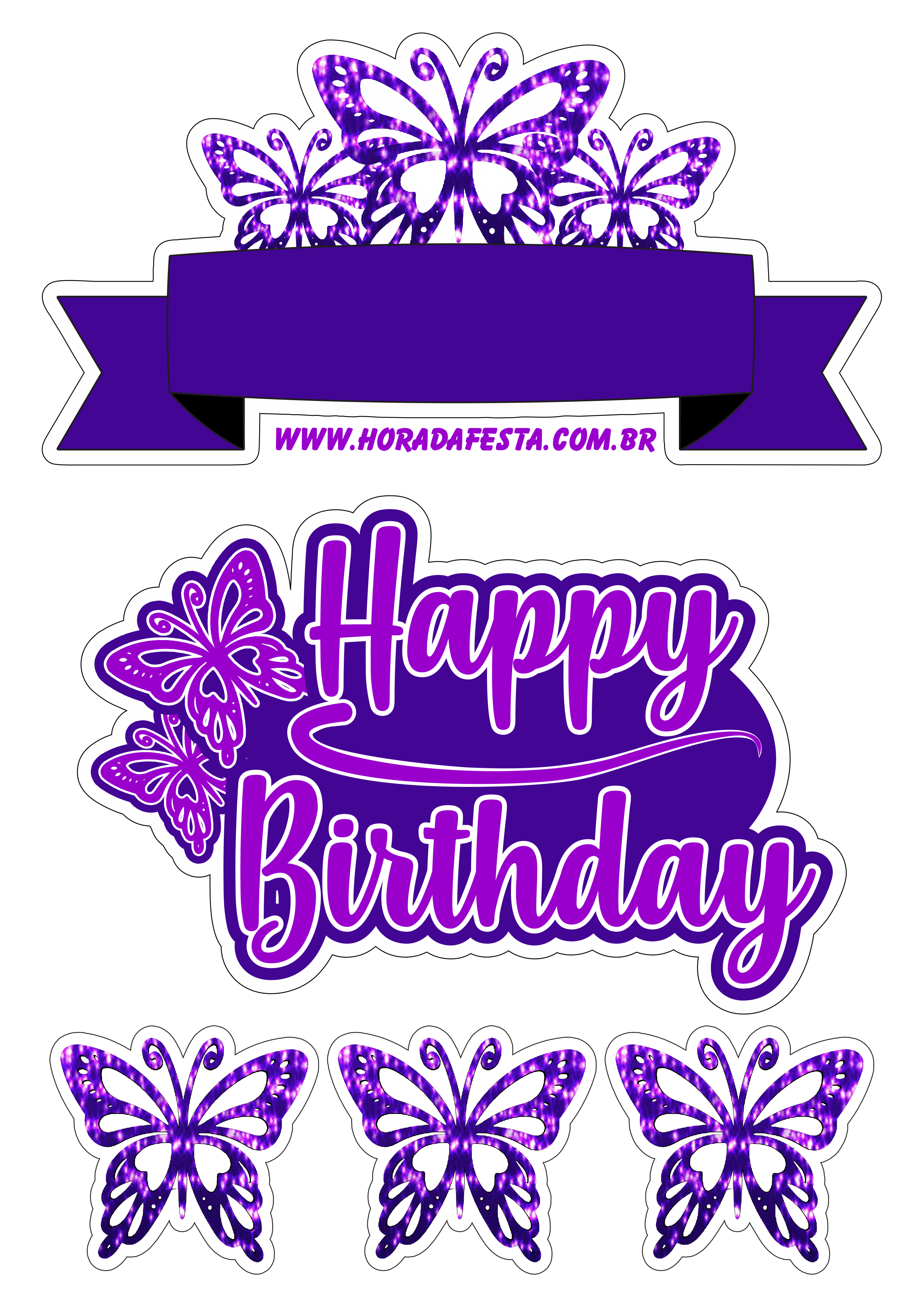 Topo de bolo para baixar borboletas brilhantes lilás design happy birthday png