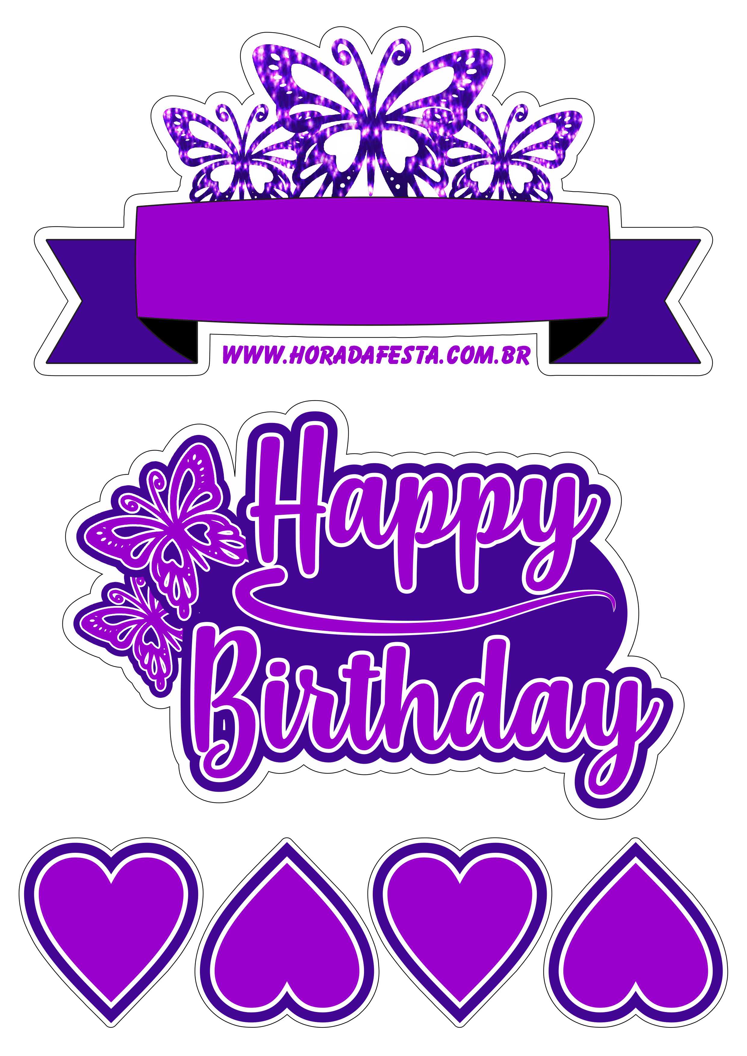 Topo de bolo para baixar borboletas brilhantes lilás design happy birthday corações png