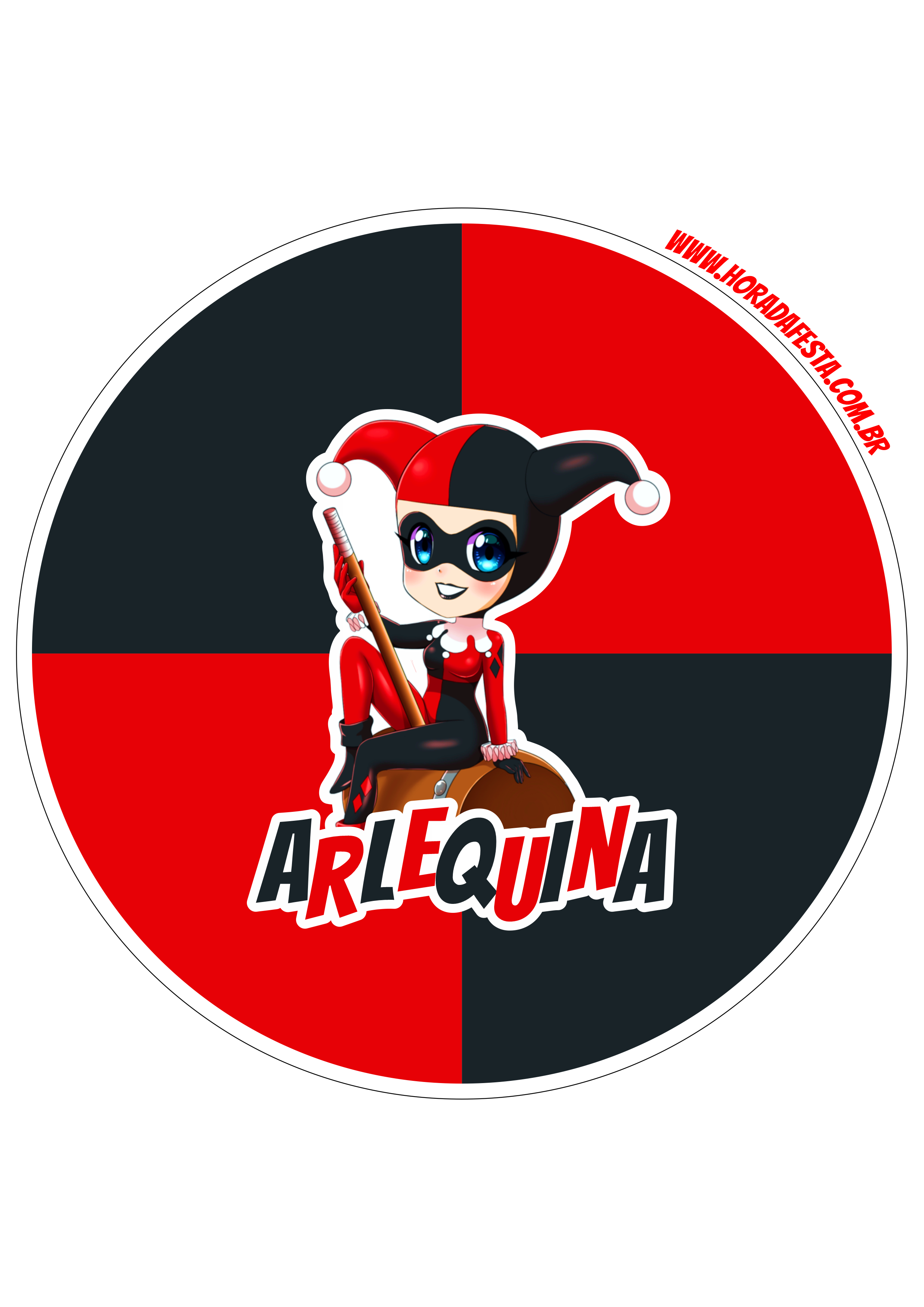 Arlequina Harley Quinn adesivo tag sticker redondo painel decoração de festa de aniversário png