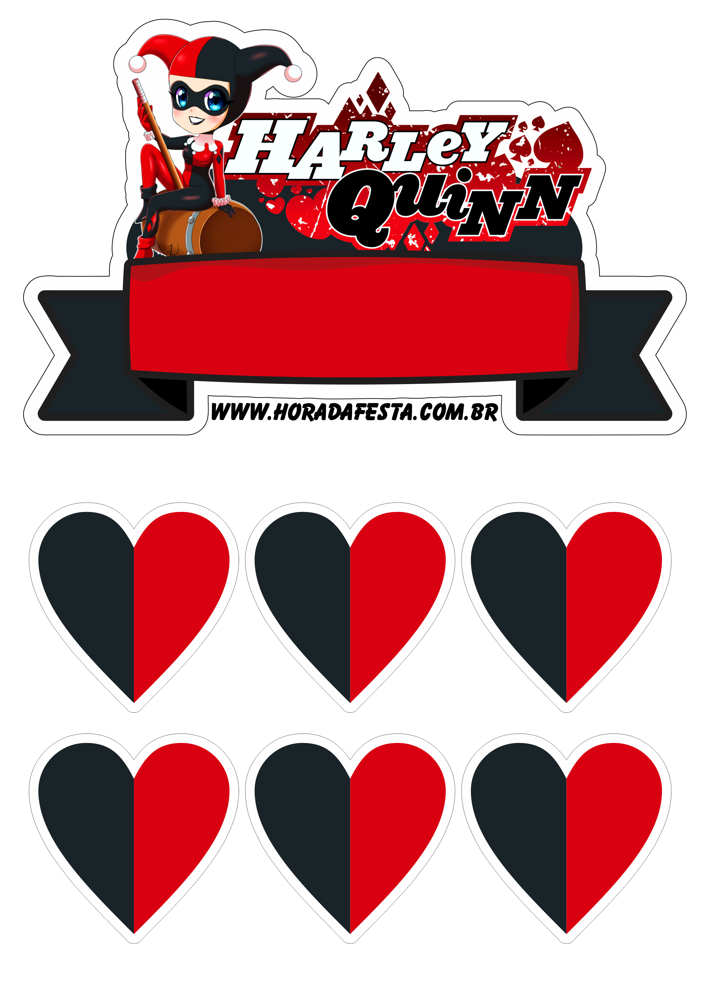 Topo de bolo para baixar Arlequina Harley Quinn festa temática artigos de papelaria corações decoração design png